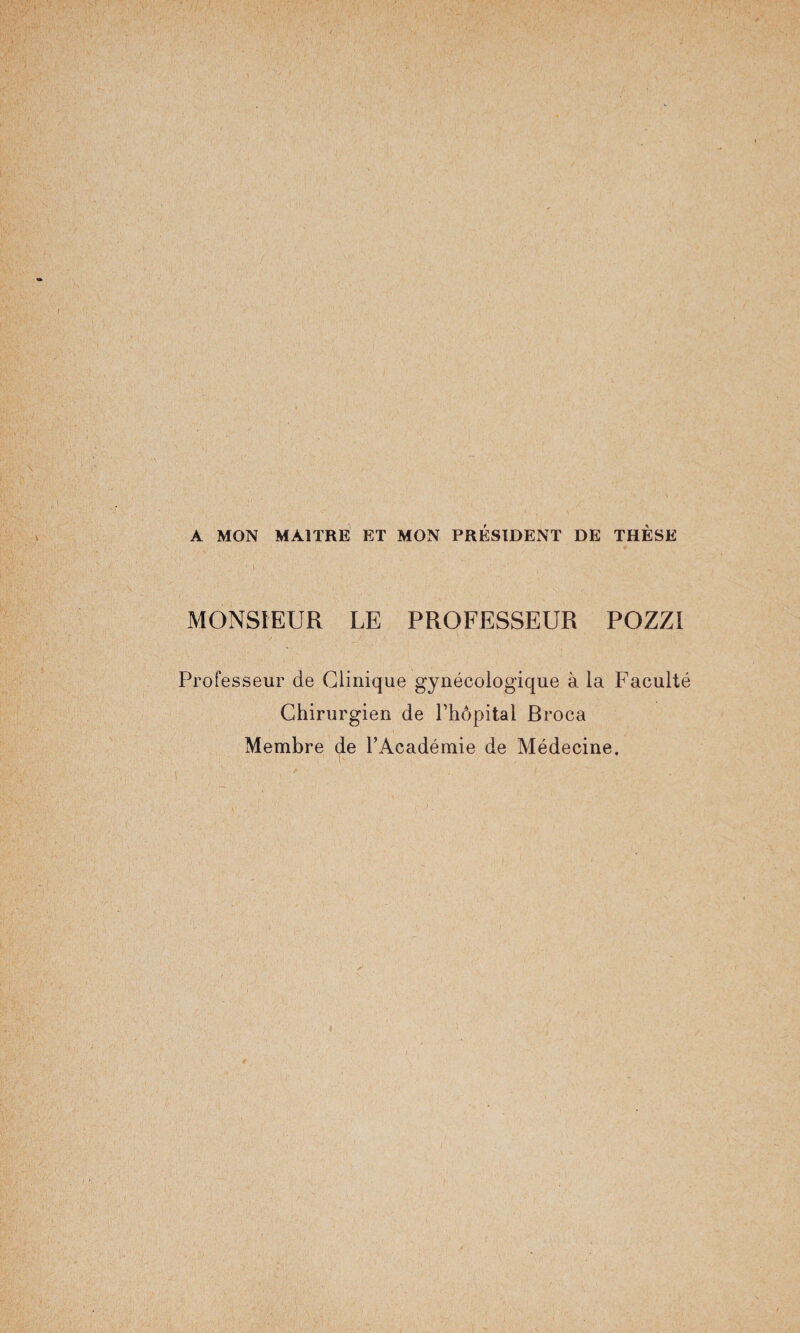 A MON MAITRE ET MON PRÉSIDENT DE THÈSE MONSIEUR LE PROFESSEUR POZZI Professeur de Clinique gynécologique à la Faculté Chirurgien de Phôpital Broca Membre de l’Académie de Médecine.