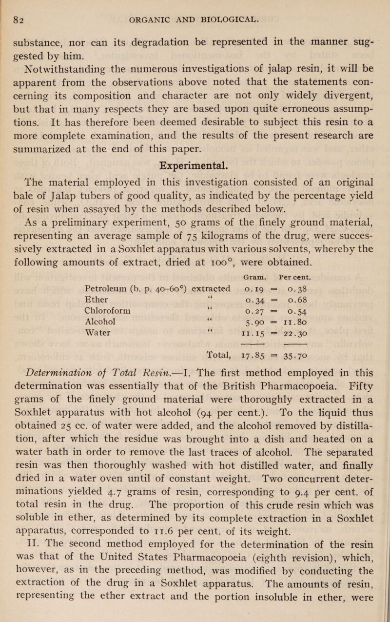 substance, nor can its degradation be represented in the manner sug¬ gested by him. Notwithstanding the numerous investigations of jalap resin, it will be apparent from the observations above noted that the statements con¬ cerning its composition and character are not only widely divergent, but that in many respects they are based upon quite erroneous assump¬ tions. It has therefore been deemed desirable to subject this resin to a more complete examination, and the results of the present research are summarized at the end of this paper. Experimental. The material employed in this investigation consisted of an original bale of Jalap tubers of good quality, as indicated by the percentage yield of resin when assayed by the methods described below. As a preliminary experiment, 50 grams of the finely ground material, representing an average sample of 75 kilograms of the drug, were succes¬ sively extracted in a Soxhlet apparatus with various solvents, whereby the following amounts of extract, dried at 100 °, were obtained. Gram. Per cent. Petroleum (b. p. 40-60°) extracted O. 19 = 0.38 Ether << 0.34 = 0.68 Chloroform a O. 27 = 0.54 Alcohol a 5-90 = 11.80 Water u 11.15 = 22.30 Total, 17-85 = 35-70 Determination of Total Resin.—I. The first method employed in this determination was essentially that of the British Pharmacopoeia. Fifty grams of the finely ground material were thoroughly extracted in a Soxhlet apparatus with hot alcohol (94 per cent.). To the liquid thus obtained 25 cc. of water were added, and the alcohol removed by distilla¬ tion, after which the residue was brought into a dish and heated on a water bath in order to remove the last traces of alcohol. The separated resin was then thoroughly washed with hot distilled water, and finally dried in a water oven until of constant weight. Two concurrent deter¬ minations yielded 4.7 grams of resin, corresponding to 9.4 per cent, of total resin in the drug. The proportion of this crude resin which was soluble in ether, as determined by its complete extraction in a Soxhlet apparatus, corresponded to 11.6 per cent, of its weight. II. The second method employed for the determination of the resin was that of the United States Pharmacopoeia (eighth revision), which, however, as in the preceding method, was modified by conducting the extraction of the drug in a Soxhlet apparatus. The amounts of resin, representing the ether extract and the portion insoluble in ether, were