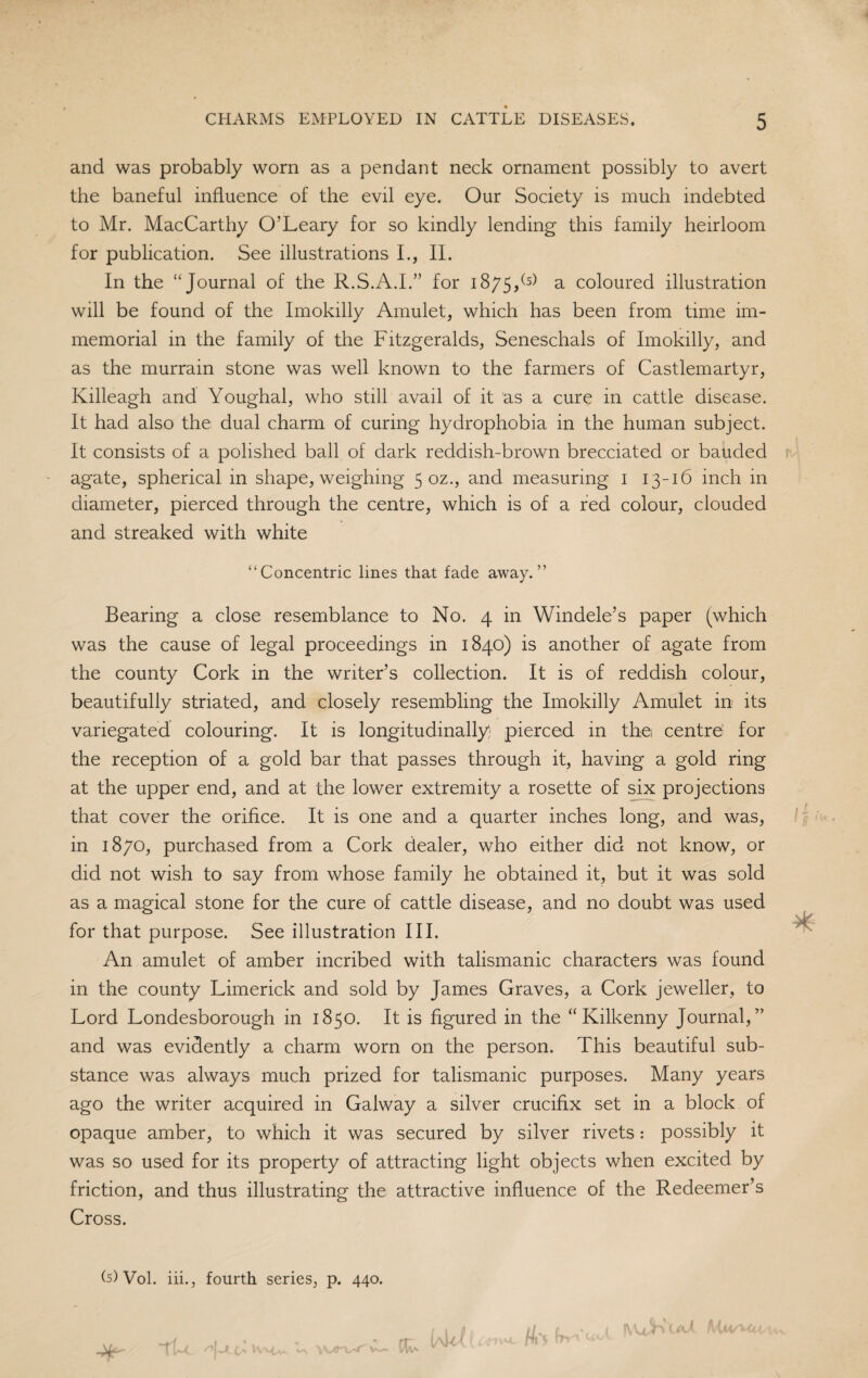 and was probably worn as a pendant neck ornament possibly to avert the baneful influence of the evil eye. Our Society is much indebted to Mr. MacCarthy O’Leary for so kindly lending this family heirloom for publication. See illustrations I., II. In the “Journal of the R.S.A.I.” for 1875/5) a coloured illustration will be found of the Imokilly Amulet, which has been from time im¬ memorial in the family of the Fitzgeralds, Seneschals of Imokilly, and as the murrain stone was well known to the farmers of Castlemartyr, Killeagh and Youghal, who still avail of it as a cure in cattle disease. It had also the dual charm of curing hydrophobia in the human subject. It consists of a polished ball of dark reddish-brown brecoiated or bauded agate, spherical in shape, weighing 5 oz., and measuring 1 13-16 inch in diameter, pierced through the centre, which is of a red colour, clouded and streaked with white “Concentric lines that fade away.” Bearing a close resemblance to No. 4 in Windele’s paper (which was the cause of legal proceedings in 1840) is another of agate from the county Cork in the writer’s collection. It is of reddish colour, beautifully striated, and closely resembling the Imokilly Amulet in its variegated colouring. It is longitudinally pierced in thei centre' for the reception of a gold bar that passes through it, having a gold ring at the upper end, and at the lower extremity a rosette of six projections that cover the orifice. It is one and a quarter inches long, and was, in 1870, purchased from a Cork dealer, who either did not know, or did not wish to say from whose family he obtained it, but it was sold as a magical stone for the cure of cattle disease, and no doubt was used for that purpose. See illustration III. An amulet of amber incribed with talismanic characters was found in the county Limerick and sold by James Graves, a Cork jeweller, to Lord Londesborough in 1850. It is figured in the “Kilkenny Journal,” and was evidently a charm worn on the person. This beautiful sub¬ stance was always much prized for talismanic purposes. Many years ago the writer acquired in Galway a silver crucifix set in a block of opaque amber, to which it was secured by silver rivets: possibly it was so used for its property of attracting light objects when excited by friction, and thus illustrating the attractive influence of the Redeemer’s Cross. * (5) Vol. iii., fourth series, p. 440. TU IL t\ \