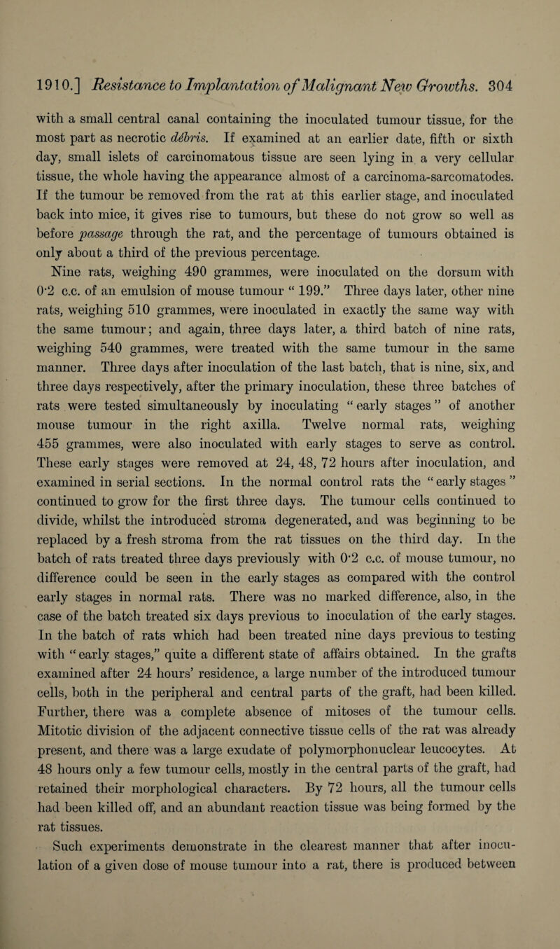 with a small central canal containing the inoculated tumour tissue, for the most part as necrotic debris. If examined at an earlier date, fifth or sixth day, small islets of carcinomatous tissue are seen lying in a very cellular tissue, the whole having the appearance almost of a carcinoma-sarcomatodes. If the tumour be removed from the rat at this earlier stage, and inoculated back into mice, it gives rise to tumours, but these do not grow so well as before passage through the rat, and the percentage of tumours obtained is only about a third of the previous percentage. Nine rats, weighing 490 grammes, were inoculated on the dorsum with 02 c.c. of an emulsion of mouse tumour “ 199.” Three days later, other nine rats, weighing 510 grammes, were inoculated in exactly the same way with the same tumour; and again, three days later, a third batch of nine rats, weighing 540 grammes, were treated with the same tumour in the same manner. Three days after inoculation of the last batch, that is nine, six, and three days respectively, after the primary inoculation, these three batches of rats were tested simultaneously by inoculating “ early stages ” of another mouse tumour in the right axilla. Twelve normal rats, weighing 455 grammes, were also inoculated with early stages to serve as control. These early stages were removed at 24, 48, 72 hours after inoculation, and examined in serial sections. In the normal control rats the “ early stages ” continued to grow for the first three days. The tumour cells continued to divide, whilst the introduced stroma degenerated, and was beginning to be replaced by a fresh stroma from the rat tissues on the third day. In the batch of rats treated three days previously with 02 c.c. of mouse tumour, no difference could be seen in the early stages as compared with the control early stages in normal rats. There was no marked difference, also, in the case of the batch treated six days previous to inoculation of the early stages. In the batch of rats which had been treated nine days previous to testing with “ early stages,” quite a different state of affairs obtained. In the grafts examined after 24 hours’ residence, a large number of the introduced tumour cells, both in the peripheral and central parts of the graft, had been killed. Further, there was a complete absence of mitoses of the tumour cells. Mitotic division of the adjacent connective tissue cells of the rat was already present, and there was a large exudate of polymorphonuclear leucocytes. At 48 hours only a few tumour cells, mostly in the central parts of the graft, had retained their morphological characters. By 72 hours, all the tumour cells had been killed off, and an abundant reaction tissue was being formed by the rat tissues. Such experiments demonstrate in the clearest manner that after inocu¬ lation of a given dose of mouse tumour into a rat, there is produced between
