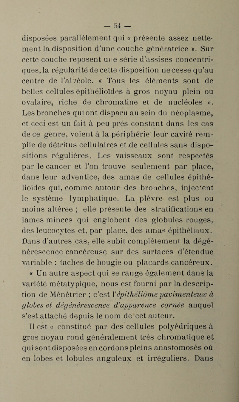 disposées parallèlement qui « présente assez nette' ment la disposition d’une couche génératrice ». Sur cette couche reposent une série d’assises concentri¬ ques, la régularité de cette disposition ne cesse qu’au centre de l’alvéole. « Tous les éléments sont de belles cellules épithélioïdes à gros noyau plein ou ovalaire, riche de chromatine et de nucléoles ». Les bronches qui ont disparu au sein du néoplasme, et ceci est un fait à peu près constant dans les cas de ce genre, voient à la périphérie leur cavité rem¬ plie de détritus cellulaires et de cellules sans dispo¬ sitions régulières. Les vaisseaux sont respectés par le cancer et l’on trouve seulement par place, dans leur adventice, des amas de cellules épithé¬ lioïdes qui, comme autour des bronches, injec/ent le système lymphatique. La plèvre est plus ou moins altérée ; elle présente des stratifications en lames minces qui englobent des globules rouges, des leucocytes et, par place, des amas épithéliaux. Dans d’autres cas, elle subit complètement la dégé¬ nérescence cancéreuse sur des surtaces d’étendue variable : taches de bougie ou placards cancéreux. « Un autre aspect qui se range également dans la variété métatypique, nous est fourni par la descrip¬ tion de Ménétrier ; c’est l’èpiihèliôme pavimenteux à globes et dégénérescence d'apparence cornée auquel s’est attaché depuis le nom de cet auteur. Il est « constitué par des cellules polyédriques à gros noyau rond généralement très chromatique et qui sont disposées en cordons pleins anastomosés où en lobes et lobules anguleux et irréguliers. Dans