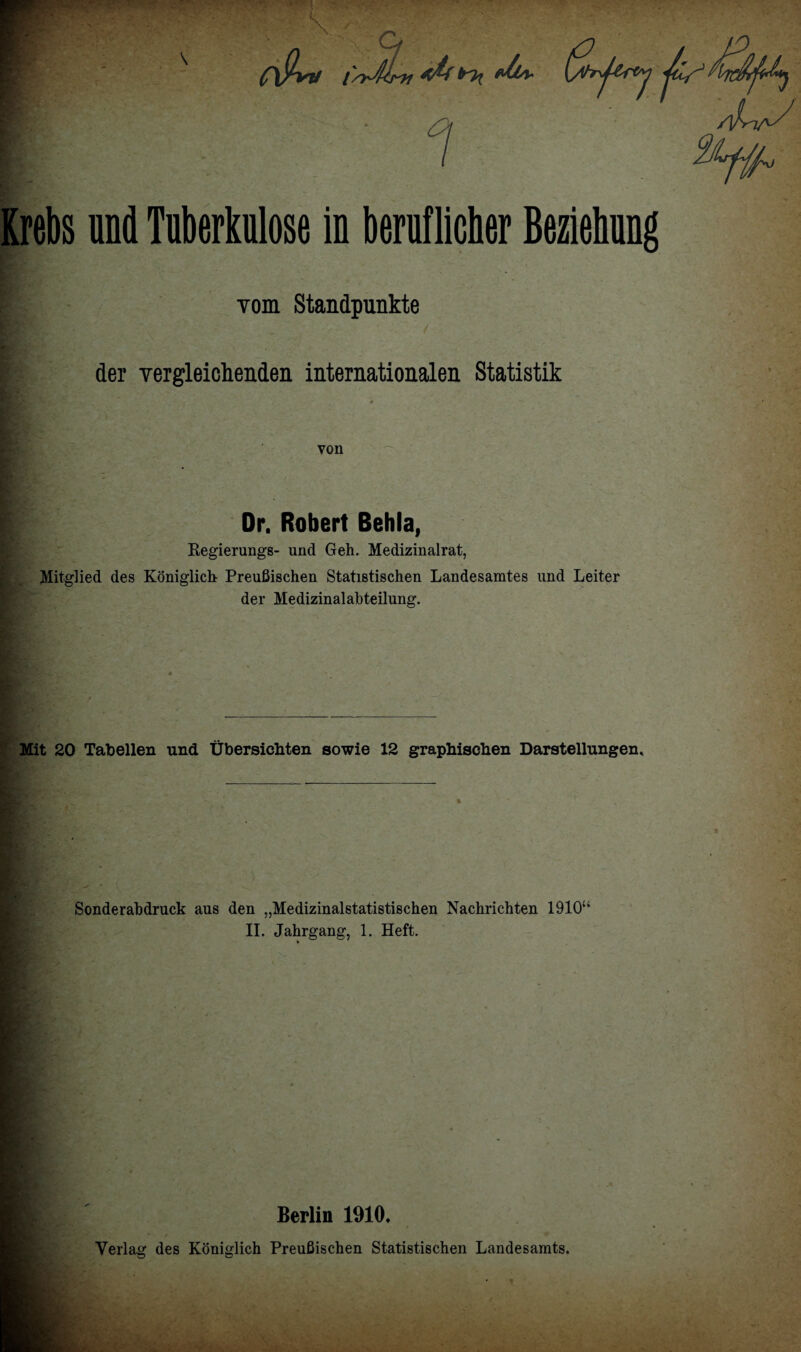 Cvht dl*- Krebs and Tuberkulose in beruflicher Beziehung vom Standpunkte der vergleichenden internationalen Statistik von Dr. Robert Behia, Regierungs- und Geh. Medizinalrat, Mitglied des Königlich Preußischen Statistischen Landesamtes und Leiter der Medizinalabteilung. Mit 20 Tabellen und Übersichten sowie 12 graphischen Darstellungen. t Sonderabdruck aus den „Medizinalstatistischen Nachrichten 1910“ II. Jahrgang, 1. Heft. Berlin 1910. Verlag des Königlich Preußischen Statistischen Landesamts.