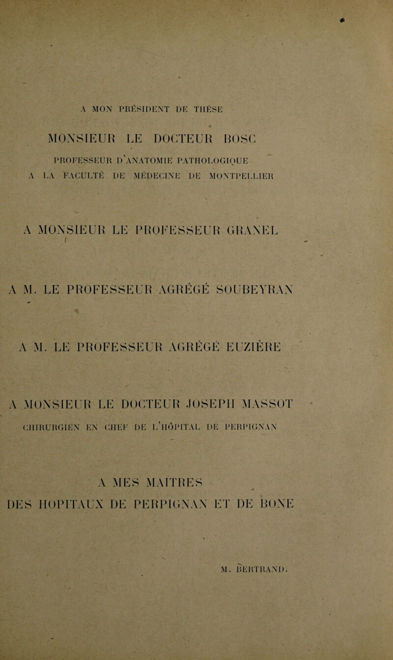 A MON PRÉSIDENT I)E TIIÈSE MONSIEUR LE DOCTEUR BOSC PROFESSEUR D’ANATOMIE PATHOLOGIQUE A LA FACULTÉ DE MÉDECINE DE MONTPELLIER A MONSIEUR LE PROCESSEUR GRANEL r r A M. LE PROFESSEUR AGREGE SOUBEYRAN A M. LE PROFESSEUR AGREGE EUZ1ERE A MONSIEUR LE DOCTEUR JOSEPH MASSOT y.. a CHIRURGIEN EN CHEF DE I. HOPITAL HE PERPIGNAN A MES MAITRES DES HOPITAUX DE PERPIGNAN ET DE BOXE