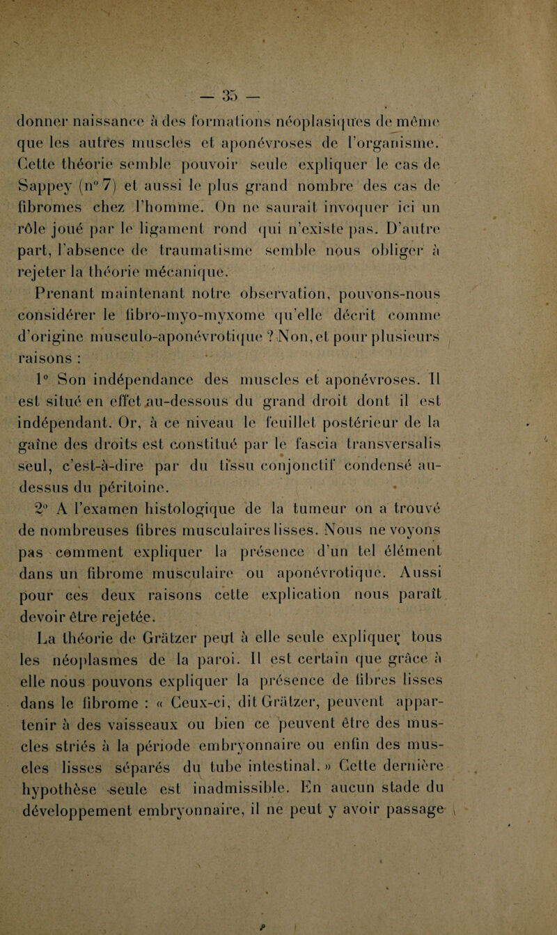 — 35 — donner naissance à des formations néoplasiques de même que les autres muscles et aponévroses de l’organisme. Cette théorie semble pouvoir seule expliquer le cas de Sappey (n° 7) et aussi le plus grand nombre des cas de fibromes chez l’homme. On ne saurait invoquer ici un rôle joué par le ligament rond (pii n’existe pas. D’autre part, l’absence de traumatisme semble nous obliger à rejeter la théorie mécanique. Prenant maintenant notre observation, pouvons-nous considérer le fibro-myo-myxome qu’elle décrit comme d’origine musculo-aponévrotique ? Non, et pour plusieurs raisons : 1° Son indépendance des muscles et aponévroses. Il est situé en effet au-dessous du grand droit dont il est indépendant. Or, à ce niveau le feuillet postérieur de la gaine des droits est constitué par le fascia transversalis seul, c’est-à-dire par du tissu conjonctif condensé au- dessus du péritoine. 2° A l’examen histologique de la tumeur on a trouvé de nombreuses fibres musculaires lisses. Nous ne voyons pas comment expliquer la présence d’un tel élément dans un fibrome musculaire ou aponévrotiquc. Aussi pour ces deux raisons cette explication nous paraît devoir être rejetée. La théorie de Gràtzer peut à elle seule expliquer tous les néoplasmes de la paroi. Il est certain que grâce à elle nous pouvons expliquer la présence de libres lisses dans le fibrome : « Ceux-ci, ditGratzer, peuvent appar¬ tenir à des vaisseaux ou bien ce peuvent être des mus¬ cles striés à la période embryonnaire ou enfin des mus¬ cles lisses séparés du tube intestinal. » Cette dernière hypothèse -seule est inadmissible. En aucun stade du développement embryonnaire, il ne peut y avoir passage :v