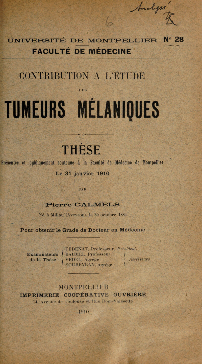 , -A w * f.j X UNIVERSITÉ DE MONTPELLIER N° 28 FACULTÉ DE MÉDECINE CONTRIBUTION A L’ETUDE DES TUMEURS MÉLANIQUES THÈSE Présentée et publiquement soutenue à la Faculté de Médecine de Montpellier Le 31 janvier 1910 PAR Pierre GALMELS Né à Millau'’ (Aveyron), le 30 octobre 1884 Pour obtenir le Grade de Docteur en Médecine Examinateurs de la Thèse TÉDENAT, Professeur, Président. \ BAUMEL, Professeur j ) VEDEL, Agrégé > Assesseurs ' SOUBEYRAN, Agrégé ) MONTPELLIER IMPRIMERIE COOPÉRATIVE OUVRIÈRE 14, Avenue de Toulouse et Rue Dom-Vaisselle 1910
