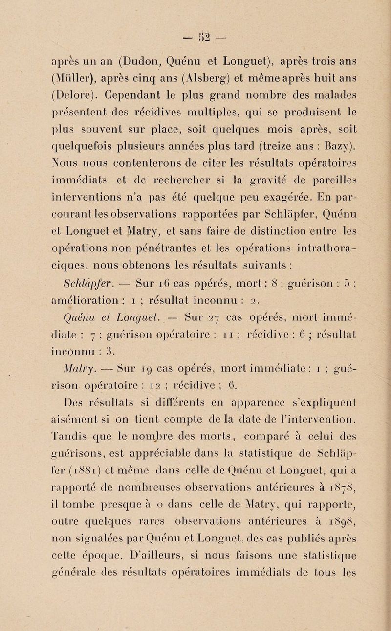 apres un an (Dudon, Quénu et Longuet), après trois ans (Miiller), après cinq ans (Alsberg) et même après huit ans (Dclorc). Cependant le plus grand nombre des malades présentent des récidives multiples, qui se produisent le plus souvent sur place, soit quelques mois après, soit quelquefois plusieurs années plus tard (treize ans : Bazy). Nous nous contenterons de citer les résultats opératoires immédiats et de rechercher si la gravité de pareilles interventions n’a pas été quelque peu exagérée. En par¬ courant les observations rapportées par Schlapfer, Quénu et Longuet et Matrv, et sans faire de distinction entre les opérations non pénétrantes et les opérations intrathora¬ ciques, nous obtenons les résultats suivants : Schlapfer. — Sur iG cas opérés, mort : 8 ; guérison : 5 ; amélioration: i ; résultat inconnu: 2. Quénu et Longuet. — Sur 27 cas opérés, mort immé¬ diate : 7 ; guérison opératoire : 11 ; récidive : 6 ) résultat inconnu : 3. Matry. — Sur 19 cas opérés, mort immédiate : 1 ; gué¬ rison opératoire : 12 ; récidive ; G. Des résultats si différents en apparence s’expliquent aisément si on tient compte delà date de l’intervention. Tandis que le nombre des morts, comparé à celui des guérisons, est appréciable dans la statistique de Schlap¬ fer (1881) et même dans celle de Quénu et Longuet, qui a rapporté de nombreuses observations antérieures à 1878, il tombe presque à o dans celle de Matry, qui rapporte, outre quelques rares observations antérieures à 1898, non signalées par Quénu et Longuet, des cas publiés après celte époque. D'ailleurs, si nous faisons une statistique