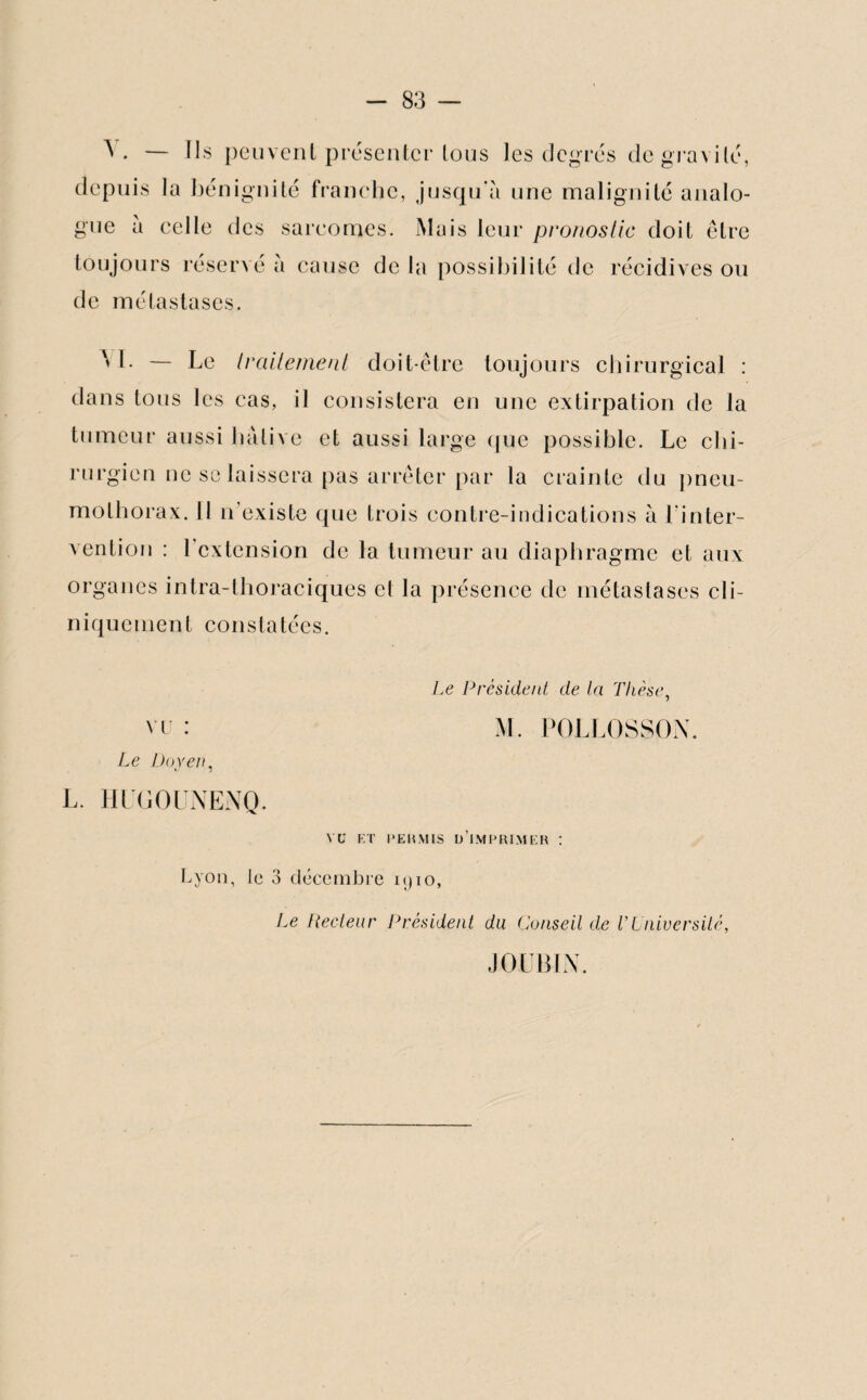 A. — Ils peuvent présenter tous les degrés de gravité, depuis la bénignité franche, jusqu'à une malignité analo¬ gue a celle des sarcomes. Mais leur pronostic doit être toujours réservé à cause de la possibilité de récidives ou de métastases. ^ L — Le traitement doit-être toujours chirurgical : dans tous les cas, il consistera en une extirpation de la tumeur aussi hâtive et aussi large que possible. Le chi¬ rurgien ne se laissera pas arrêter par la crainte du pneu¬ mothorax. II n’existe que trois contre-indications à l’inter¬ vention : 1 extension de la tumeur au diaphragme et aux organes intra-thoraciques et la présence de métastases cli¬ niquement constatées. Le President de la Thèse, vu : M. POLLOSSON. Le Doyen, L. HIGOUNENQ. VU ET PERMIS D’IMPRIMER : Lyon, le 3 décembre 1910, Le Recteur Président du Conseil de VUniversité, JOUBIN.