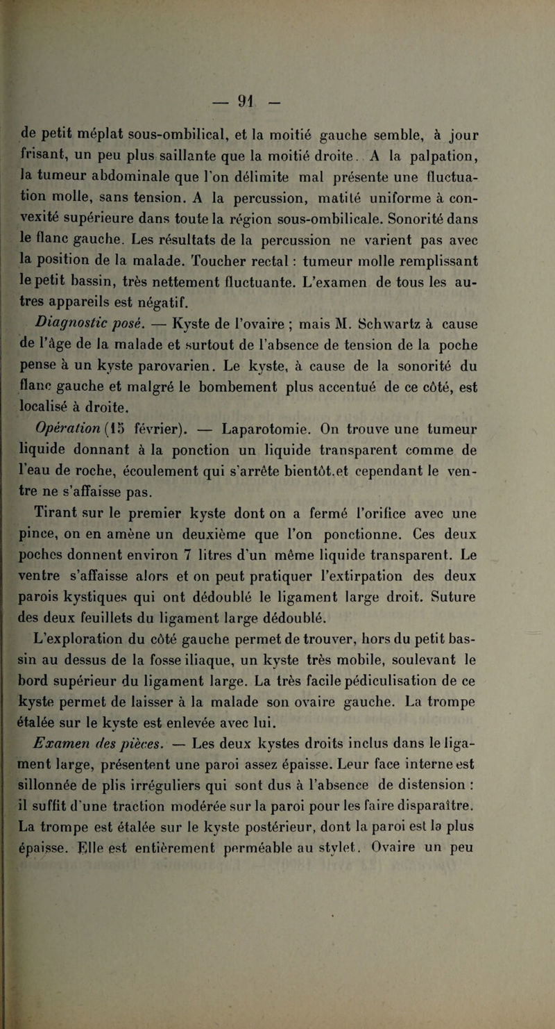 de petit méplat sous-ombilical, et la moitié gauche semble, à jour frisant, un peu plus saillante que la moitié droite. A la palpation, la tumeur abdominale que l’on délimite mai présente une fluctua¬ tion molle, sans tension. A la percussion, matité uniforme à con¬ vexité supérieure dans toute la région sous-ombilicale. Sonorité dans le flanc gauche. Les résultats de la percussion ne varient pas avec la position de la malade. Toucher rectal : tumeur molle remplissant le petit bassin, très nettement fluctuante. L’examen de tous les au¬ tres appareils est négatif. Diagnostic posé. — Kyste de l’ovaire ; mais M. Schwartz à cause de l’âge de la malade et surtout de l’absence de tension de la poche pense à un kyste parovarien. Le kyste, à cause de la sonorité du flanc gauche et malgré le bombement plus accentué de ce côté, est localisé à droite. Opération (15 février). — Laparotomie. On trouve une tumeur liquide donnant à la ponction un liquide transparent comme de l’eau de roche, écoulement qui s’arrête bientôt.et cependant le ven¬ tre ne s’affaisse pas. Tirant sur le premier kyste dont on a fermé l’orifice avec une pince, on en amène un deuxième que l’on ponctionne. Ces deux poches donnent environ 7 litres d'un même liquide transparent. Le ventre s’affaisse alors et on peut pratiquer l’extirpation des deux parois kystiques qui ont dédoublé le ligament large droit. Suture des deux feuillets du ligament large dédoublé. L’exploration du côté gauche permet de trouver, hors du petit bas¬ sin au dessus de la fosse iliaque, un kyste très mobile, soulevant le bord supérieur du ligament large. La très facile pédiculisation de ce kyste permet de laisser à la malade son ovaire gauche. La trompe étalée sur le kyste est enlevée avec lui. Examen des pièces. — Les deux kystes droits inclus dans le liga¬ ment large, présentent une paroi assez épaisse. Leur face interne est sillonnée de plis irréguliers qui sont dus à l’absence de distension : il suffit d’une traction modérée sur la paroi pour les faire disparaître. La trompe est étalée sur le kyste postérieur, dont la paroi est la plus épaisse. KHe est entièrement perméable au stylet. Ovaire un peu
