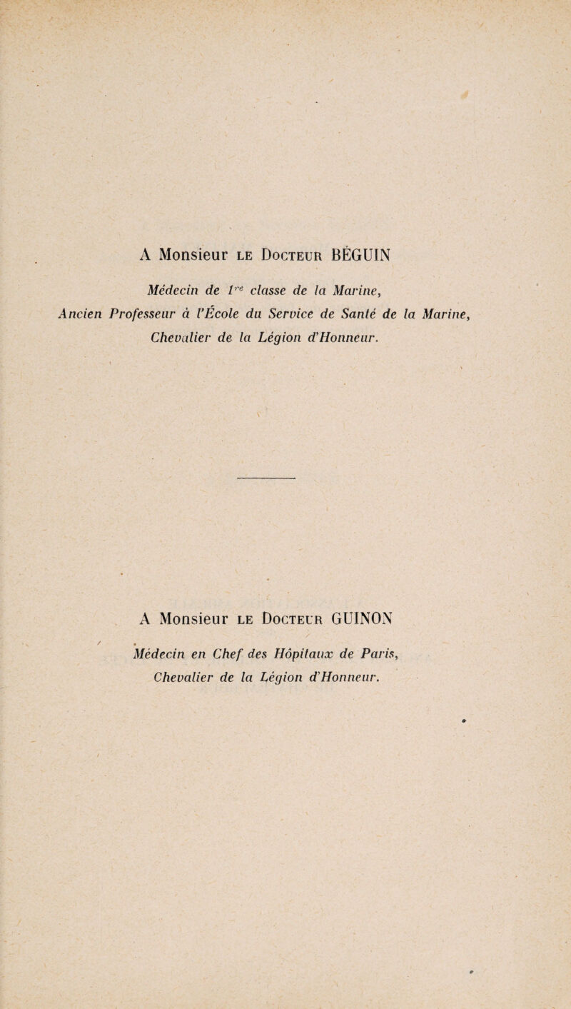 Médecin de lre classe de la Marine, Ancien Professeur à VÉcole du Service de Santé de la Marine, Chevalier de la Légion d'Honneur. A Monsieur le Docteur GUINON Médecin en Chef des Hôpitaux de Paris, Chevalier de la Légion d'Honneur.