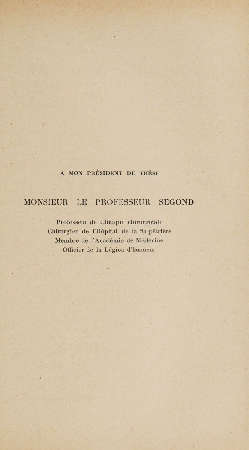 A MON PRÉSIDENT DE THÈSE MONSIEUR LE PROFESSEUR SEGOND Professeur de Clinique chirurgicale Chirurgien de l’Hôpital de la Salpêtrière Membre de l’Académie de Médecine Officier de la Légion d’honneur