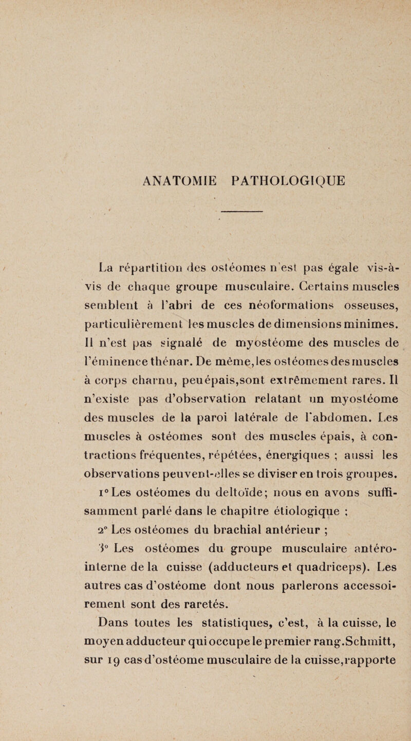 ANATOMIE PATHOLOGIQUE La répartition des ostéomes n est pas égale vis-à- vis de chaque groupe musculaire. Certains muscles semblent à l’abri de ces néoformalions osseuses, particulièrement les muscles de dimensions minimes. 11 n’est pas signalé de myostéome des muscles de l’éminence thénar. De même, les ostéomes des muscles à corps charnu, peu épais,sont extrêmement rares. Il n’existe pas d’observation relatant un myostéome des muscles de la paroi latérale de l'abdomen. Les muscles à ostéorUes sont des muscles épais, à con¬ tractions fréquentes, répétées, énergiques ; aussi les observations peuvent-elles se diviser en trois groupes. i°Les ostéomes du deltoïde; nous en avons suffi¬ samment parlé dans le chapitre étiologique ; 2° Les ostéomes du brachial antérieur ; d° Les ostéomes du groupe musculaire antéro- interne de la cuisse (adducteurs et quadriceps). Les autres cas d’ostéome dont nous parlerons accessoi¬ rement sont des raretés. Dans toutes les statistiques, c’est, à la cuisse, le moyen adducteur qui occupe le premier rang.Schmitt, sur 19 cas d’ostéome musculaire de la cuisse,rapporte