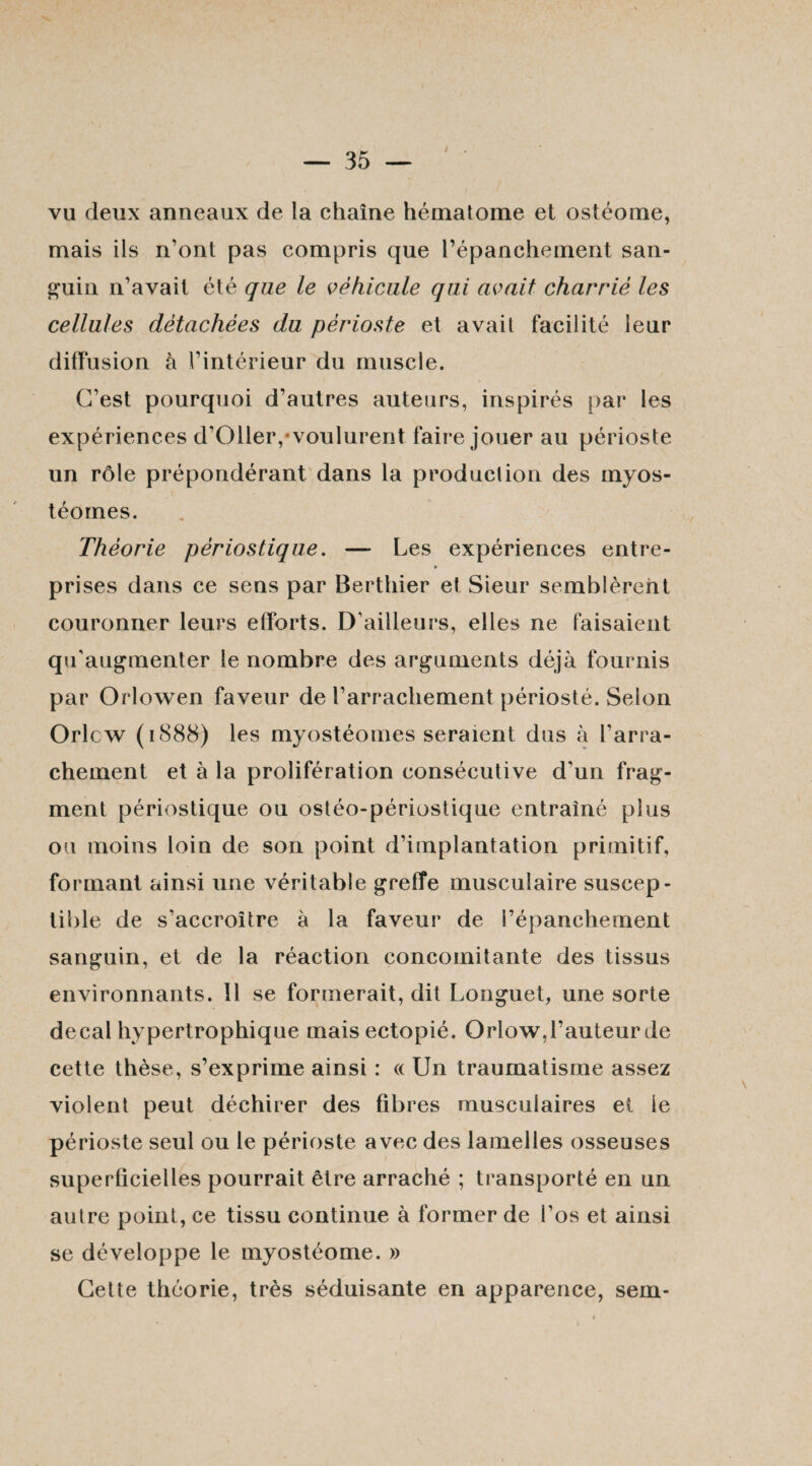 vu deux anneaux de la chaîne hématome et ostéome, mais ils n’ont pas compris que l’épanchement san¬ guin n’avait été que le véhicule qui avait charrié les cellules détachées du périoste et avait facilité leur diffusion à l’intérieur du muscle. C’est pourquoi d’autres auteurs, inspirés par les expériences d’Olleiy voulurent faire jouer au périoste un rôle prépondérant dans la production des myos- téomes. Théorie périostique. — Les expériences entre- ► prises dans ce sens par Berthier et Sieur semblèrent couronner leurs efforts. D’ailleurs, elles ne faisaient qu’augmenter le nombre des arguments déjà fournis par Orlowen faveur de l’arrachement périosté. Selon Orlcw (1888) les myostéomes seraient dus à l’arra¬ chement et à la prolifération consécutive d'un frag¬ ment périostique ou ostéo-périostique entraîné plus ou moins loin de son point d’implantation primitif, formant ainsi une véritable greffe musculaire suscep¬ tible de s’accroître à la faveur de répanchement sanguin, et de la réaction concomitante des tissus environnants. 11 se formerait, dit Longuet, une sorte decal hypertrophique maisectopié. Orlow,l’auteur de cette thèse, s’exprime ainsi : « Un traumatisme assez violent peut déchirer des fibres musculaires et le périoste seul ou le périoste avec des lamelles osseuses superficielles pourrait être arraché ; transporté en un autre point, ce tissu continue à former de l’os et ainsi se développe le myostéome. » Cette théorie, très séduisante en apparence, sem-