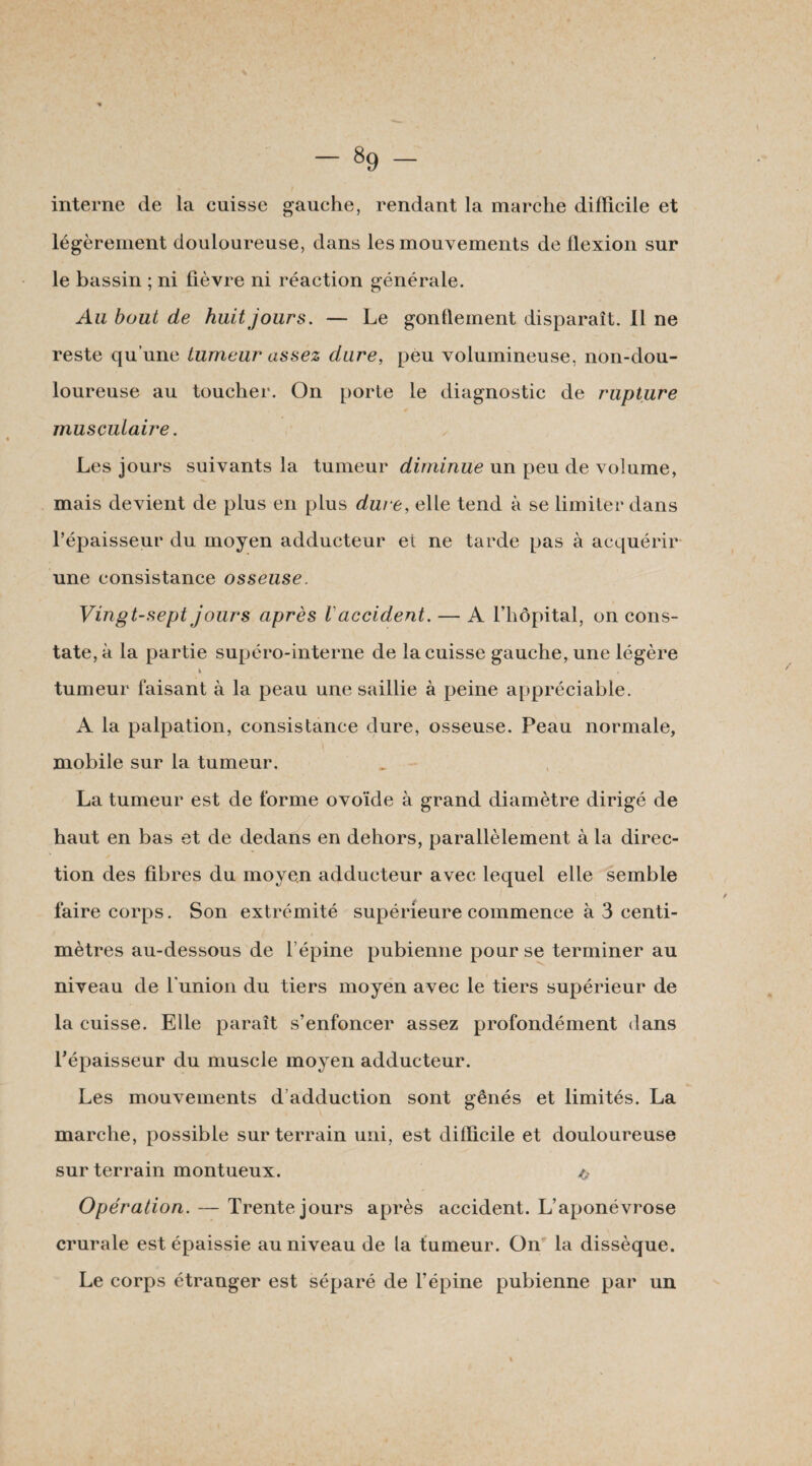 interne de la cuisse gauche, rendant la marche difficile et légèrement douloureuse, dans les mouvements de flexion sur le bassin ; ni fièvre ni réaction générale. Au bout de huit jours. — Le gonflement disparaît. Il ne reste qu’une tumeur assez dure, peu volumineuse, non-dou¬ loureuse au toucher. On porte le diagnostic de rupture musculaire. Les jours suivants la tumeur diminue un peu de volume, mais devient de plus en plus dure, elle tend à se limiter dans l’épaisseur du moyen adducteur et ne tarde pas à acquérir une consistance osseuse. Vingt-sept jours après V accident. — A l’hôpital, on cons¬ tate, à la partie supéro-interne de la cuisse gauche, une légère * 4 tumeur faisant à la peau une saillie à peine appréciable. A la palpation, consistance dure, osseuse. Peau normale, mobile sur la tumeur. La tumeur est de forme ovoïde à grand diamètre dirigé de haut en bas et de dedans en dehors, parallèlement à la direc¬ tion des fibres du moyen adducteur avec lequel elle semble faire corps. Son extrémité supérieure commence à 3 centi¬ mètres au-dessous de l’épine pubienne pour se terminer au niveau de l’union du tiers moyen avec le tiers supérieur de la cuisse. Elle paraît s’enfoncer assez profondément dans l’épaisseur du muscle moyen adducteur. Les mouvements d adduction sont gênés et limités. La marche, possible sur terrain uni, est difficile et douloureuse sur terrain montueux. ^ Opération. — Trente jours après accident. L’aponévrose crurale est épaissie au niveau de la tumeur. On la dissèque. Le corps étranger est séparé de l’épine pubienne par un