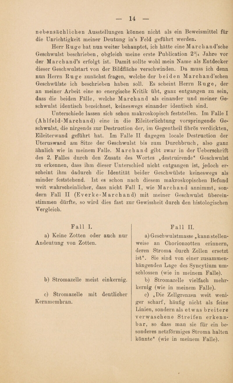 nebensächlichen Ausstellungen können nicht als ein Beweismittel für die Unrichtigkeit meiner Deutung in’s Feld geführt werden. Herr Buge hat nun weiter behauptet, ich hätte eine Marcliand’sche Geschwulst beschrieben, obgleich meine erste Publication 23/4 Jahre vor der Marchand’s erfolgt ist. Damit sollte wohl mein Name als Entdecker dieser Geschwulstart von der Bildfläche verschwinden. Da muss ich denn nun Herrn Buge zunächst fragen, welche der beiden March an d’schen Geschwülste ich beschrieben haben soll. Es scheint Herrn Buge, der an meiner Arbeit eine so energische Kritik übt, ganz entgangen zu sein, dass die beiden Fälle, welche Marchand als einander und meiner Ge¬ schwulst identisch bezeichnet, keineswegs einander identisch sind. Unterschiede lassen sich schon makroskopisch feststellen. Im Falle I (Ahlfeld-Marchand) eine in die Eileiterlichtung vorspringende Ge¬ schwulst, die nirgends zur Destruction der, im Gegentheil fibrös verdickten, Eileiterwand geführt hat. Im Falle II dagegen locale Destruction der Uteruswand am Sitze der Geschwulst bis zum Durchbruch, also ganz ähnlich wie in meinem Falle. Marchand gibt zwar in der Ueberschrift des 2. Falles durch den Zusatz des Wortes „destruirende“ Geschwulst zu erkennen, dass ihm dieser Unterschied nicht entgangen ist, jedoch er¬ scheint ihm dadurch die Identität beider Geschwülste keineswegs als minder feststehend. Ist es schon nach diesem makroskopischen Befund weit wahrscheinlicher, dass nicht Fall I, wie Marchand annimmt, son¬ dern Fall II (Everke-March and) mit meiner Geschwulst überein¬ stimmen dürfte, so wird dies fast zur Gewissheit durch den histologischen Vergleich. Fall I. a) Keine Zotten oder auch nur Andeutung von Zotten. b) Stromazelle meist einkernig. c) Stromazelle mit deutlicher Kernmembran. Fall II. a) Gescbwulstmasse „kannstellen¬ weise an Chorionzotten erinnern, deren Stroma durch Zellen ersetzt ist“. Sie sind von einer zusammen¬ hängenden Lage des Syncytium um¬ schlossen (wie in meinem Falle). b) Stromazelle vielfach melir- kernig (wie in meinem Falle). c) „Die Zellgrenzen weit weni¬ ger scharf, häufig nicht als feine Linien, sondern als etwas breitere verwaschene Streifen erkenn¬ bar, so dass man sie für ein be¬ sonderes netzförmiges Stroma halten könnte“ (wie in meinem Falle).