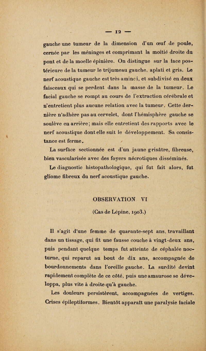 gauche une tumeur de la dimension d’un œuf de poule, cernée par les méninges et comprimant la moitié droite du pont et delà moelle épinière. On distingue sur la lace pos¬ térieure de la tumeur le trijumeau gauche, aplati et gris. Le nerf acoustique gauche est très aminci, et subdivisé en deux faisceaux qui se perdent dans la masse de la tumeur. Le facial gauche se rompt au cours de l’extraction cérébrale et n’entretient plus aucune relation avec la tumeur. Cette der¬ nière n’adhère pas au cervelet, dont l’hémisphère gauche se soulève en arrière; mais elle entretient des rapports avec le nerf acoustique dont elle suit le développement. Sa consis¬ tance est ferme. La surfàce sectionnée est d’un jaune grisâtre, fibreuse, bien vascularisée avec des foyers nécrotiques disséminés. Le diagnostic histopathologique, qui fut fait alors, fut gliome fibreux du nerf acoustique gauche. . ' •/ -, : / ' ï . r •, - OBSERVATION VI (Cas de Lépine, 1903.) Il s’agit d’une femme de quarante-sept ans, travaillant dans un tissage, qui fit une fausse couche à vingt-deux ans, puis pendant quelque temps fut atteinte de céphalée noc¬ turne, qui reparut au bout de dix ans, accompagnée de bourdonnements dans l’oreille gauche. La surdité devint rapidement complète de ce côté, puis une amaurose se déve¬ loppa, plus vite à droite qu’à gauche. Les douleurs persistèrent, accompagnées de vertiges. Crises épileptiformes. Bientôt apparaît une paralysie faciale