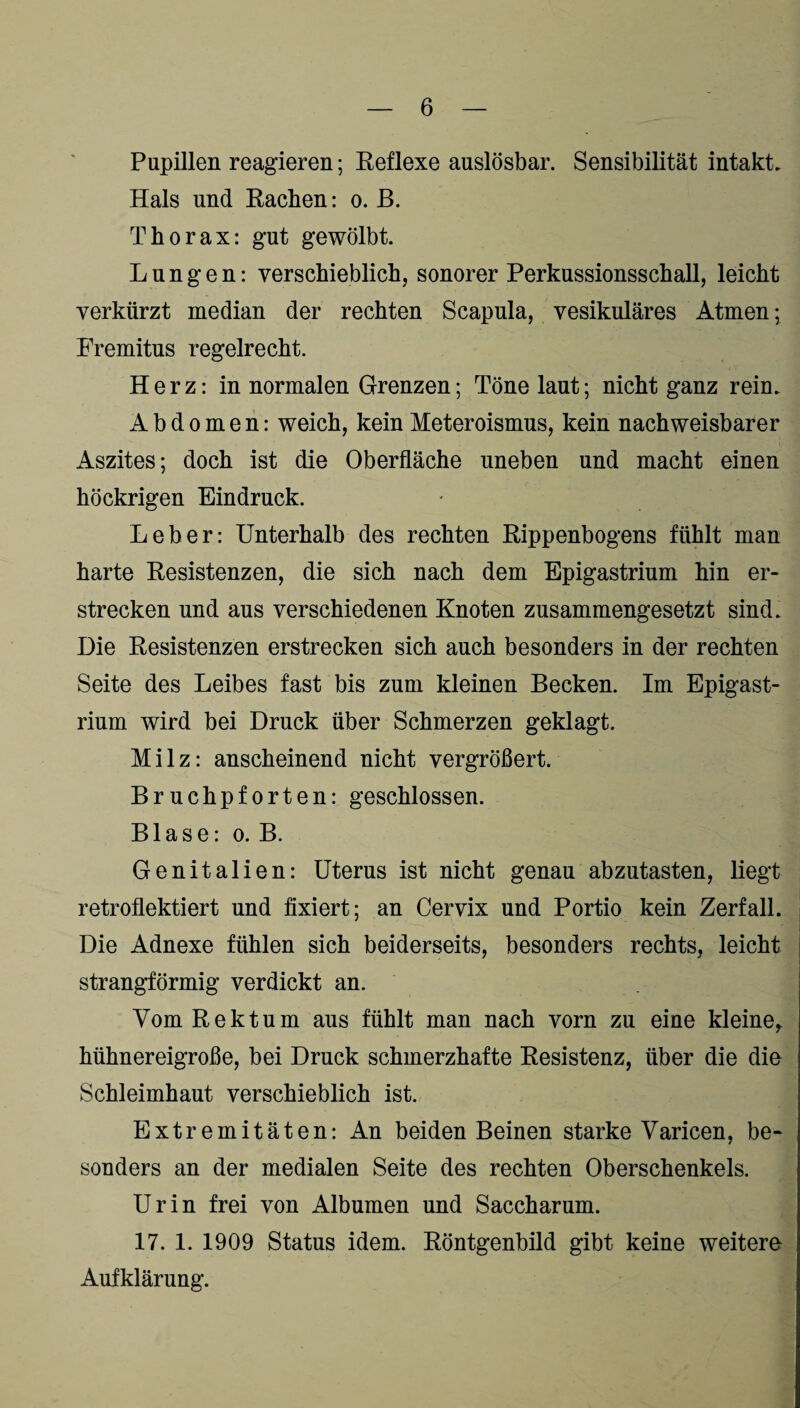 Pupillen reagieren; Reflexe auslösbar. Sensibilität intakt. Hals und Rachen: o. ß. Thorax: gut gewölbt. Lungen: verschieblich, sonorer Perkussionsschall, leicht verkürzt median der rechten Scapula, vesikuläres Atmen; Fremitus regelrecht. Herz: in normalen Grenzen; Töne laut; nicht ganz rein. Abdomen: weich, keinMeteroismus, kein nachweisbarer Aszites; doch ist die Oberfläche uneben und macht einen höckrigen Eindruck. Leber: Unterhalb des rechten Rippenbogens fühlt man harte Resistenzen, die sich nach dem Epigastrium hin er¬ strecken und aus verschiedenen Knoten zusammengesetzt sind. Die Resistenzen erstrecken sich auch besonders in der rechten Seite des Leibes fast bis zum kleinen Becken. Im Epigast¬ rium wird bei Druck über Schmerzen geklagt. Milz: anscheinend nicht vergrößert. Bruchpforten: geschlossen. Blase: o. B. Genitalien: Uterus ist nicht genau abzutasten, liegt retroflektiert und fixiert; an Cervix und Portio kein Zerfall. Die Adnexe fühlen sich beiderseits, besonders rechts, leicht strangförmig verdickt an. Vom Rektum aus fühlt man nach vorn zu eine kleine,, hühnereigroße, bei Druck schmerzhafte Resistenz, über die die Schleimhaut verschieblich ist. Extremitäten: An beiden Beinen starke Varicen, be¬ sonders an der medialen Seite des rechten Oberschenkels. Urin frei von Albumen und Saccharum. 17. 1. 1909 Status idem. Röntgenbild gibt keine weitere Aufklärung.