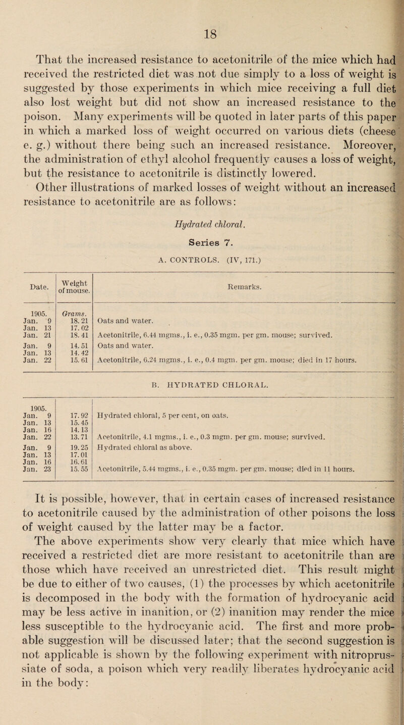 That the increased resistance to acetonitrile of the mice which had received the restricted diet was not due simply to a loss of weight is suggested by those experiments in which mice receiving a full diet also lost weight but did not show an increased resistance to the poison. Many experiments will be quoted in later parts of this paper in which a marked loss of weight occurred on various diets (cheese e. g.) without there being such an increased resistance. Moreover, the administration of ethyl alcohol frequently causes a loss of weight, but the resistance to acetonitrile is distinctly lowered. Other illustrations of marked losses of weight without an increased resistance to acetonitrile are as follows: Hydrated chloral. Series 7. A. CONTROLS. (IV, 171.) Date. Weight of mouse. Remarks. 1905. Grams. Jan. 9 18. 21 Oats and water. Jan. 13 17. 02 Jan. 21 IS. 41 Acetonitrile, 6.44 mgms., i. e., 0.35 mgm. per gm. mouse; survived. Jan. 9 14. 51 Oats and water. Jan. 13 14. 42 Jan. 22 15. 61 Acetonitrile, 6.24 mgms., i. e., 0.4 mgm. per gm. mouse; died in 17 hours. B. HYDRATED CHLORAL. 1905. Jan. 9 17.92 Hydrated chloral, 5 per cent, on oats. Jan. 13 15. 45 Jan. 16 14.13 Jan. 22 13.71 Acetonitrile, 4.1 mgms., i. e., 0.3 mgm. per gm. mouse; survived. Jan. 9 19.25 Hydrated chloral as above. Jan. 13 17.01 Jan. 16 16. 61 Jan. 23 15. 55 Acetonitrile, 5.44 mgms., i. e., 0.35 mgm. per gm. mouse; died in 11 hours. It is possible, however, that in certain cases of increased resistance to acetonitrile caused by the administration of other poisons the loss of weight caused by the latter may be a factor. The above experiments show very clearly that mice which have received a restricted diet are more resistant to acetonitrile than are those which have received an unrestricted diet. This result might be due to either of two causes, (1) the processes by which acetonitrile j is decomposed in the body with the formation of hydrocyanic acid : may be less active in inanition, or (2) inanition may render the mice i less susceptible to the hydrocyanic acid. The first and more prob¬ able suggestion will be discussed later; that the second suggestion is not applicable is shown by the following experiment with nitroprus- f siate of soda, a poison which very readily liberates hydrocyanic acid I in the body: