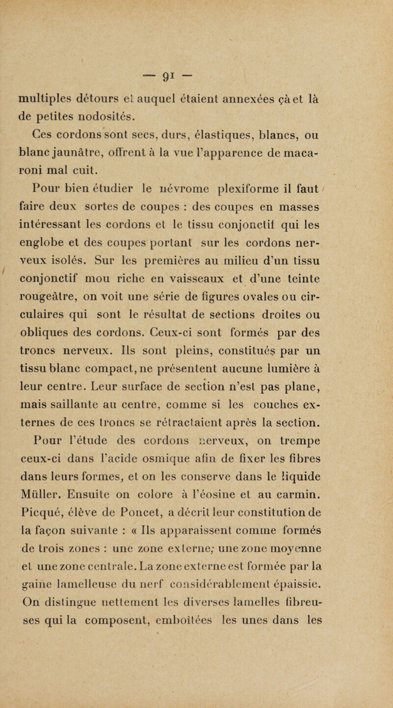 multiples détours et auquel étaient annexées çàet là de petites nodosités. Ces cordons sont secs, durs, élastiques, blancs, ou blanc jaunâtre, offrent à la vue l’apparence de maca¬ roni mal cuit. Pour bien étudier le névrome plexiforme il faut faire deux sortes de coupes : des coupes en masses intéressant les cordons et le tissu conjonctif qui les englobe et des coupes portant sur les cordons ner¬ veux isolés. Sur les premières au milieu d’un tissu conjonctif mou riche en vaisseaux et d’une teinte rougeâtre, on voit une série de figures ovales ou cir¬ culaires qui sont le résultat de sections droites ou obliques des cordons. Ceux-ci sont formés par des troncs nerveux. Ils sont pleins, constitués par un tissu blanc compact, ne présentent aucune lumière à é leur centre. Leur surface de section n’est pas plane, mais saillante au centre, comme si les couches ex¬ ternes de ces troncs se rétractaient après la section. Pour l’étude des cordons nerveux, on trempe ceux-ci dans l’acide osmique afin de fixer les fibres dans leurs formes, et on les conserve dans le liquide Müller. Ensuite on colore à l’éosine et au carmin. Picqué, élève de Poncet, a décrit leur constitution de la façon suivante : « Ils apparaissent comme formés de trois zones : une zone externe; une zone moyenne et une zone centrale. La zone externe est formée par la gaine lamelleuse du nerf considérablement épaissie. On distingue nettement les diverses lamelles fibreu¬ ses qui la composent, emboîtées les unes dans les