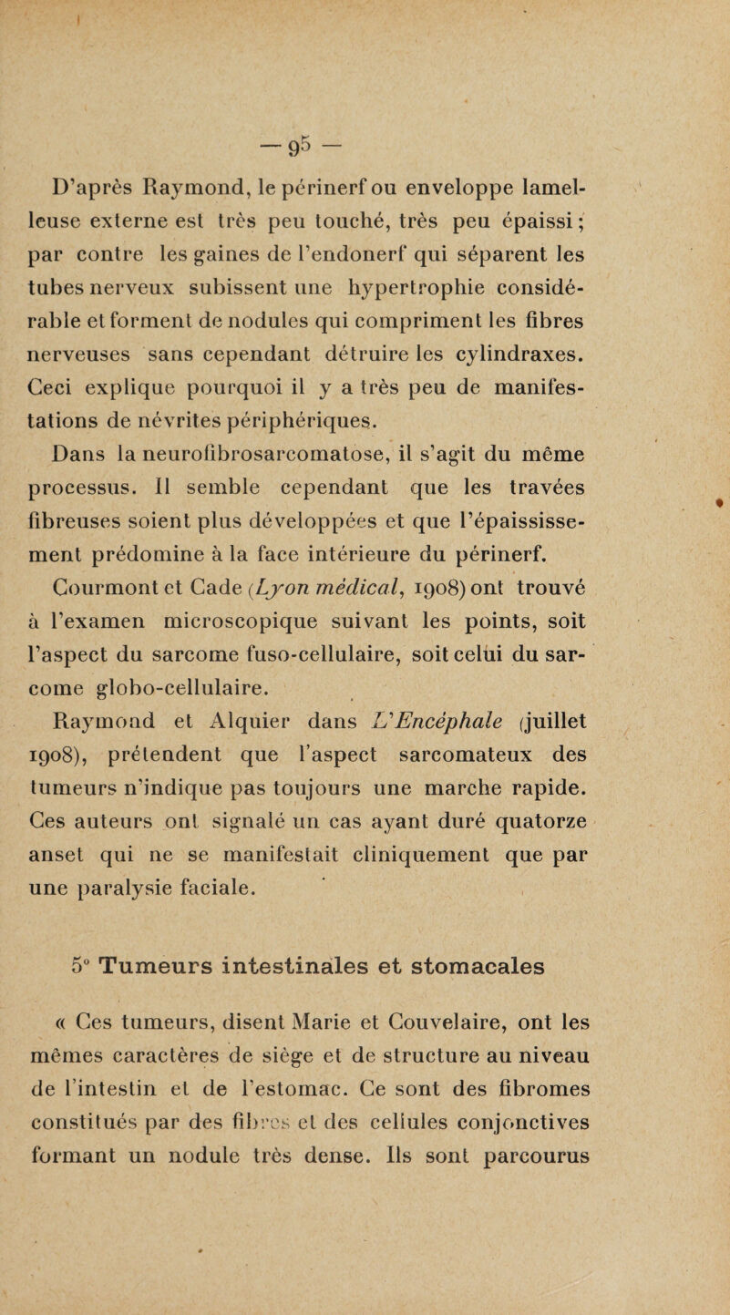 I — 95 — D’après Raymond, le périnerf ou enveloppe lamel- leuse externe est très peu touché, très peu épaissi ; par contre les gaines de l’endonerf qui séparent les tubes nerveux subissent une hypertrophie considé¬ rable et forment de nodules qui compriment les fibres nerveuses sans cependant détruire les cylindraxes. Ceci explique pourquoi il y a très peu de manifes¬ tations de névrites périphériques. Dans la neurofibrosarcomatose, il s’agit du même processus. Il semble cependant que les travées fibreuses soient plus développées et que l’épaississe¬ ment prédomine à la face intérieure du périnerf. Courmont et Cade {Lyon médical, 1908) ont trouvé à l’examen microscopique suivant les points, soit l’aspect du sarcome fuso-cellulaire, soit celui du sar¬ come globo-cellulaire. Raymond et Alquier dans L'Encéphale (juillet ï9°8), prétendent que l’aspect sarcomateux des tumeurs n’indique pas toujours une marche rapide. Ces auteurs ont signalé un cas ayant duré quatorze anset qui ne se manifestait cliniquement que par une paralysie faciale. 5° Tumeurs intestinales et stomacales (( Ces tumeurs, disent Marie et Couvelaire, ont les mêmes caractères de siège et de structure au niveau de l’intestin et de l’estomac. Ce sont des fibromes constitués par des fibres et des cellules conjonctives formant un nodule très dense. Ils sont parcourus