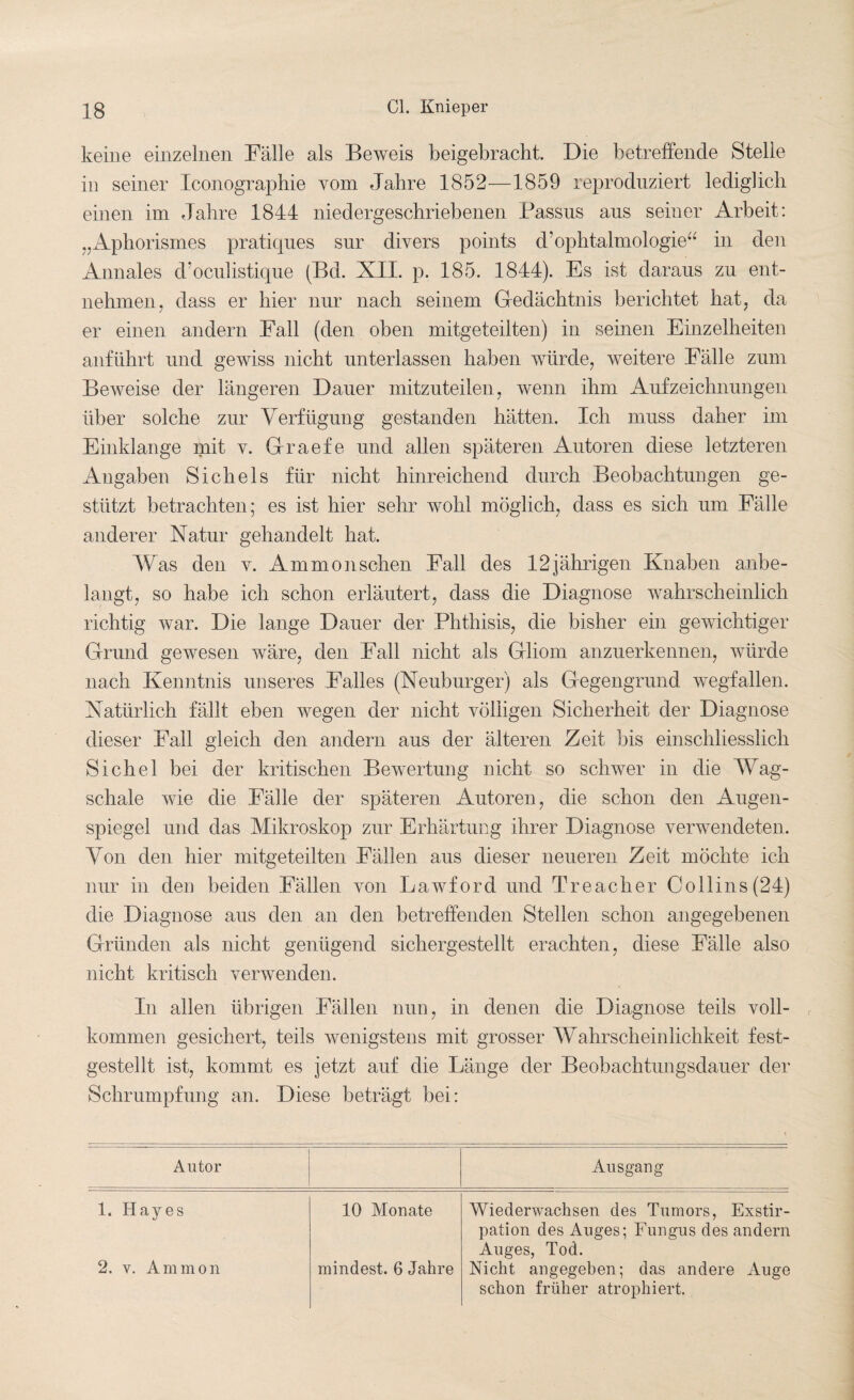 keine einzelnen Fälle als Beweis beigebracht. Die betreffende Stelle in seiner Iconographie vom Jahre 1852—1859 reproduziert lediglich einen im Jahre 1844 niedergeschriebenen Fassus aus seiner Arbeit: „Aphorismes pratiques sur divers points d’ophtalmologie“ in den Annales d’oculistique (Bd. XII. p. 185. 1844). Es ist daraus zu ent¬ nehmen, dass er hier nur nach seinem Gedächtnis berichtet hat, da er einen andern Fall (den oben mitgeteilten) in seinen Einzelheiten anführt und gewiss nicht unterlassen haben würde, weitere Fälle zum Beweise der längeren Dauer mitzuteilen, wenn ihm Aufzeichnungen über solche zur Verfügung gestanden hätten. Ich muss daher im Einklänge mit v. Graefe und allen späteren Autoren diese letzteren Angaben Siche 1s für nicht hinreichend durch Beobachtungen ge¬ stützt betrachten; es ist hier sehr wohl möglich, dass es sich um Fälle anderer Natur gehandelt hat. Was den v. Ammonsdien Fall des 12jährigen Knaben anbe¬ langt, so habe ich schon erläutert, dass die Diagnose wahrscheinlich richtig war. Die lange Dauer der Phthisis, die bisher ein gewichtiger Grund gewesen wäre, den Fall nicht als Gliom anzuerkennen, würde nach Kenntnis unseres Falles (Neuburger) als Gegengrund wegfallen. Natürlich fällt eben wegen der nicht völligen Sicherheit der Diagnose dieser Fall gleich den andern aus der älteren Zeit bis einschliesslich Sichel bei der kritischen Bewertung nicht so schwer in die Wag¬ schale wie die Fälle der späteren Autoren, die schon den Augen¬ spiegel und das Mikroskop zur Erhärtung ihrer Diagnose verwendeten. Von den hier mitgeteilten Fällen aus dieser neueren Zeit möchte ich nur in den beiden Fällen von Lawford und Treacher Collins(24) die Diagnose aus den an den betreffenden Stellen schon angegebenen Gründen als nicht genügend sichergestellt erachten, diese Fälle also nicht kritisch verwenden. In allen übrigen Fällen nun, in denen die Diagnose teils voll¬ kommen gesichert, teils wenigstens mit grosser Wahrscheinlichkeit fest¬ gestellt ist, kommt es jetzt auf die Länge der Beobachtungsdauer der Schrumpfung an. Diese beträgt bei: Autor Ausgang 1. Hayes 10 Monate Wiederwachsen des Tumors, Exstir¬ pation des Auges; Fungus des andern Auges, Tod. 2. v. Ammon mindest. 6 Jahre Nicht angegeben; das andere Auge schon früher atrophiert.