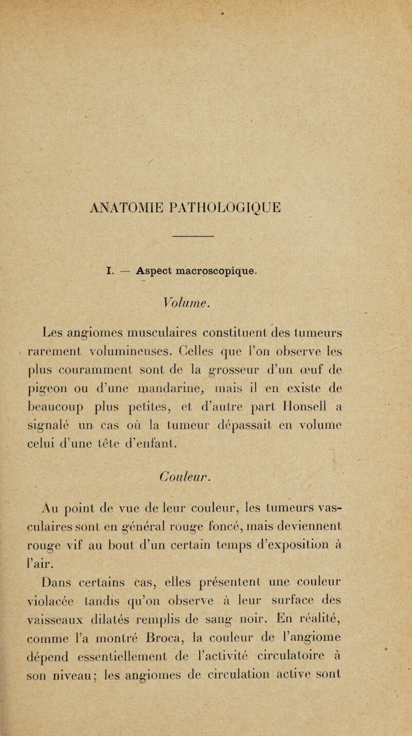 ANATOMIE PATHOLOGIQUE I. — Aspect macroscopique. Volume. Les angiomes musculaires constituent des tumeurs rarement volumineuses. Celles que F on observe les plus couramment sont de la grosseur d’un œuf de pigeon ou d’une mandarine, mais il en existe de beaucoup plus petites, et d’autre part Honsell a signalé un cas où la tumeur dépassait en volume celui d’une tête d’enfant. Couleur. Au point de vue de leur couleur, les tumeurs vas¬ culaires sont en général rouge foncé, mais deviennent rouge vif au bout d’un certain temps d’exposition à l’air. Dans certains cas, elles présentent une couleur violacée tandis qu’on observe à leur surlace des vaisseaux dilatés remplis de sang noir. En réalité, comme l’a montré Broca, la couleur de l’angiome dépend essentiellement de l’activité circulatoire à son niveau; les angiomes de circulation active sont