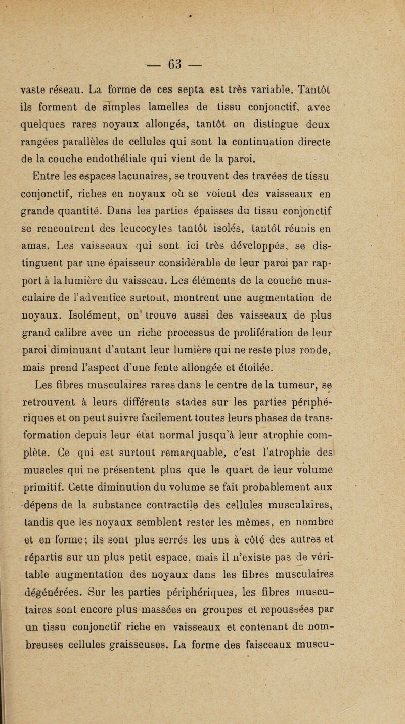 vaste réseau. La forme de ces septa est très variable. Tantôt ils forment de simples lamelles de tissu conjonctif, avec quelques rares noyaux allongés, tantôt on distingue deux rangées parallèles de cellules qui sont la continuation directe de la couche endothéliale qui vient de la paroi. Entre les espaces lacunaires, se trouvent des travées de tissu conjonctif, riches en noyaux où se voient des vaisseaux en grande quantité. Dans les parties épaisses du tissu conjonctif se rencontrent des leucocytes tantôt isolés, tantôt réunis en amas. Les vaisseaux qui sont ici très développés, se dis¬ tinguent par une épaisseur considérable de leur paroi par rap¬ port à la lumière du vaisseau. Les éléments de la couche mus¬ culaire de l’adventice surtout, montrent une augmentation de noyaux. Isolément, on trouve aussi des vaisseaux de plus grand calibre avec un riche processus de prolifération de leur paroi diminuant d’autant leur lumière qui ne reste plus ronde, mais prend l’aspect d’une fente allongée et étoilée. Les fibres musculaires rares dans le centre de la tumeur, se * retrouvent à leurs différents stades sur les parties périphé¬ riques et on peut suivre facilement toutes leurs phases de trans¬ formation depuis leur état normal jusqu’à leur atrophie com¬ plète. Ce qui est surtout remarquable, c’est l’atrophie des muscles qui ne présentent plus que le quart de leur volume primitif. Cette diminution du volume se fait probablement aux dépens de la substance contractile des cellules musculaires, tandis que les noyaux semblent rester les mêmes, en nombre et en forme; ils sont plus serrés les uns à côté des autres et répartis sur un plus petit espace, mais il n’existe pas de véri¬ table augmentation des noyaux dans les fibres musculaires dégénérées. Sur les parties périphériques, les fibres muscu- taires sont encore plus massées en groupes et repoussées par un tissu conjonctif riche en vaisseaux et contenant de nom¬ breuses cellules graisseuses. La forme des faisceaux muscu-