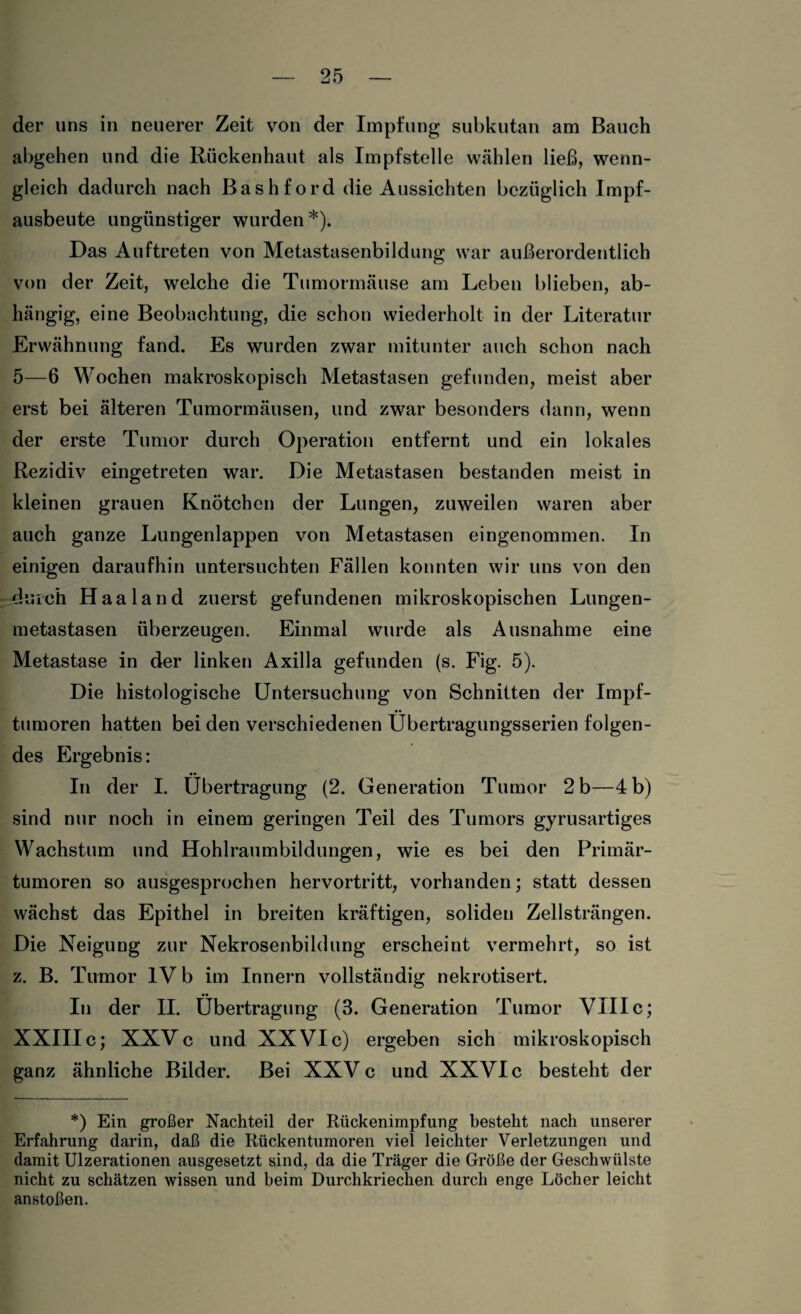 der uns in neuerer Zeit von der Impfung subkutan am Bauch abgehen und die Rückenhaut als Impfstelle wählen ließ, wenn¬ gleich dadurch nach Bashford die Aussichten bezüglich Impf¬ ausbeute ungünstiger wurden*). Das Auftreten von Metastasenbildung war außerordentlich von der Zeit, welche die Tumormäuse am Leben blieben, ab¬ hängig, eine Beobachtung, die schon wiederholt in der Literatur Erwähnung fand. Es wurden zwar mitunter auch schon nach 5—6 Wochen makroskopisch Metastasen gefunden, meist aber erst bei älteren Tumormäusen, und zwar besonders dann, wenn der erste Tumor durch Operation entfernt und ein lokales Rezidiv eingetreten war. Die Metastasen bestanden meist in kleinen grauen Knötchen der Lungen, zuweilen waren aber auch ganze Lungenlappen von Metastasen eingenommen. In einigen daraufhin untersuchten Fällen konnten wir uns von den durch Haaland zuerst gefundenen mikroskopischen Lungen¬ metastasen überzeugen. Einmal wurde als Ausnahme eine Metastase in der linken Axilla gefunden (s. Fig. 5). Die histologische Untersuchung von Schnitten der Impf¬ tumoren hatten bei den verschiedenen Übertragungsserien folgen¬ des Ergebnis: In der I. Übertragung (2. Generation Tumor 2 b—4 b) sind nur noch in einem geringen Teil des Tumors gyrusartiges Wachstum und Hohlraumbildungen, wie es bei den Primär¬ tumoren so ausgesprochen hervortritt, vorhanden; statt dessen wächst das Epithel in breiten kräftigen, soliden Zellsträngen. Die Neigung zur Nekrosenbildung erscheint vermehrt, so ist z. B. Tumor IV b im Innern vollständig nekrotisert. In der II. Übertragung (3. Generation Tumor VIIIc; XXIII c; XXV c und XXVI c) ergeben sich mikroskopisch ganz ähnliche Bilder. Bei XXV c und XXVI c besteht der *) Ein großer Nachteil der Rückenimpfung besteht nach unserer Erfahrung darin, daß die Rückentumoren viel leichter Verletzungen und damit Ulzerationen ausgesetzt sind, da die Träger die Größe der Geschwülste nicht zu schätzen wissen und beim Durchkriechen durch enge Löcher leicht anstoßen.