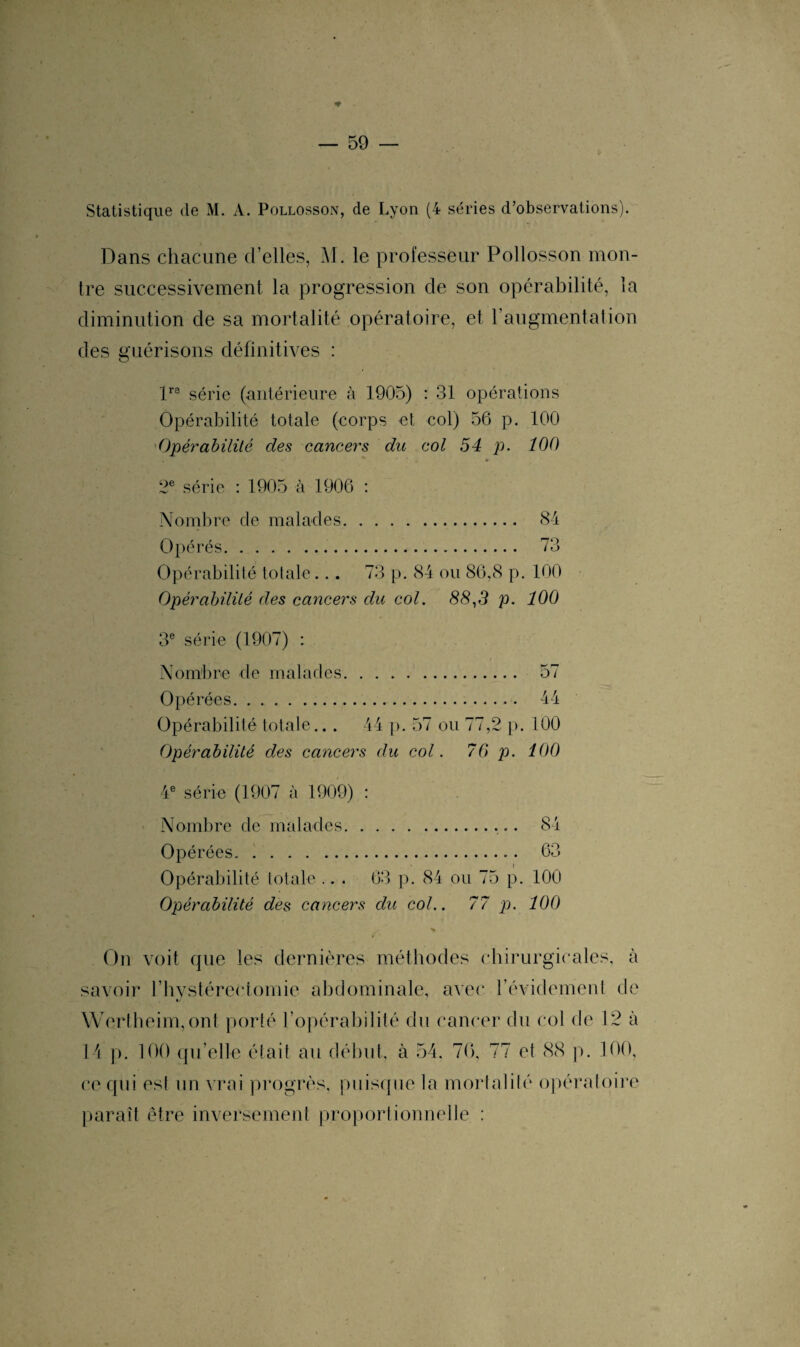 Statistique de M. A. Pollosson, de Lyon (4 séries d’observations). Dans chacune d’elles, M. le professeur Pollosson mon¬ tre successivement la progression de son opérabilité, la diminution de sa mortalité opératoire, et l’augmentation des guérisons définitives : lre série (antérieure à 1905) : 31 opérations Opérabilité totale (corps et col) 56 p. 100 Opérabilité des cancers du col 54 p. 100 . » 2e série : 1905 à 1906 : Nombre de malades. 84 Opérés. 73 Opérabilité totale... 73 p. 84 ou 86,8 p. 100 Opérabilité des cancers du col. 88,3 p. 100 3e série (1907) : Nombre de malades. 57 Opérées. 44 Opérabilité totale.. . 44 p. 57 ou 77,2 p. 100 Opérabilité des cancers du col. 70 p. 100 4e série (1907 à 1909) : Nombre de malades... 84 Opérées. . . 63 f Opérabilité totale ... 63 p. 84 ou 75 p. 100 Opérabilité des cancers du col.. 77 p. 100 On voit que les dernières méthodes chirurgicales, à savoir l’hystérectomie abdominale, avec l’évidement de Wertheim,ont porté l’opérabilité du cancer du col de 12 à 14 p. 100 qu’elle était au début, à 54, 76, 77 et 88 p. 100, ce qui est un vrai progrès, puisque la mortalité opératoire paraît être inversement proportionnelle :