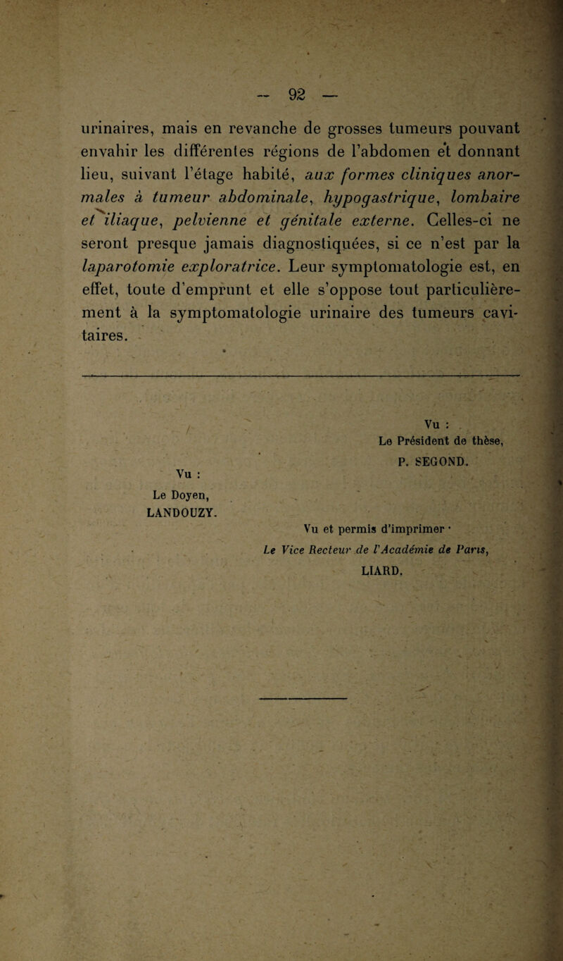 urinaires, mais en revanche de grosses tumeurs pouvant envahir les différentes régions de l’abdomen et donnant lieu, suivant l’étage habité, aux formes cliniques anor¬ males à tumeur abdominale, hypogastrique, lombaire et iliaque, pelvienne et génitale externe. Celles-ci ne seront presque jamais diagnostiquées, si ce n’est par la laparotomie exploratrice. Leur symptomatologie est, en effet, toute d’emprunt et elle s’oppose tout particulière¬ ment à la symptomatologie urinaire des tumeurs cavi¬ taires. - Le Président de thèse, P. SEGOND. Vu : Le Doyen, LANDOUZY. Vu et permis d’imprimer • Le Vice Recteur cle l'Académie de Pans, LIARD.