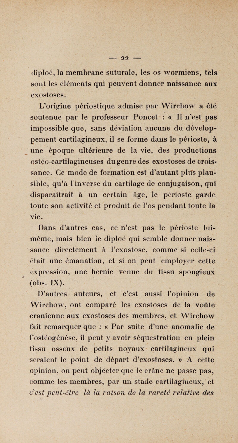 diploé, la membrane suturale, les os wormiens, tels sont les éléments qui peuvent donner naissance aux exostoses. * L’origine périostique admise par Wirchow a été soutenue par le professeur Poncet : « Il n’est pas impossible que, sans déviation aucune du dévelop¬ pement cartilagineux, il se forme dans le périoste, à une époque ultérieure de la vie, des productions ostéo-cartilagineuses du genre des exostoses de crois¬ sance. Ce mode de formation est d’autant plus plau¬ sible, qu’à l’inverse du cartilage de conjugaison, qui disparaîtrait à un certain âge, le périoste garde toute son activité et produit de l’os pendant toute la vie. Dans d’autres cas, ce n’est pas le périoste lui- même, mais bien le diploé qui semble donner nais¬ sance directement à l’exostose, comme si celle-ci était une émanation, et si on peut employer cette expression, une hernie venue du tissu spongieux (obs. IX). D’autres auteurs, et c’est aussi l’opinion de Wirchow, ont comparé les exostoses de la voûte crânienne aux exostoses des membres, et Wirchow fait remarquer que : « Par suite d’une anomalie de l’ostéogénèse, il peut y avoir séquestration en plein » ** tissu osseux de petits noyaux cartilagineux qui seraient le point de départ d’exostoses. » A cette opinion, on peut objecter que le crâne ne passe pas, comme les membres, par un stade cartilagineux, et c'est peut-être là la raison de la rareté relative des