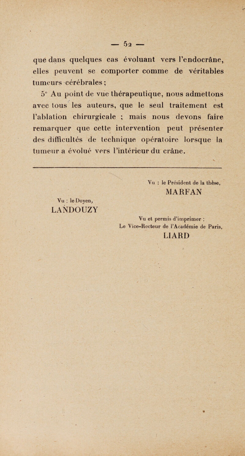 que dans quelques cas évoluant vers l’endocrâne, elles peuvent se comporter comme de véritables tumeurs cérébrales ; 5° Au point de vue thérapeutique, nous admettons avec tous les auteurs, que le seul traitement est l’ablation chirurgicale ; mais nous devons faire remarquer que cette intervention peut présenter des difficultés de technique opératoire lorsque la tumeur a évolué vers l’intérieur du crâne. , Vu : le Président de la thèse, MA RF AN Vu : le Doyen, LANDOUZY Vu et permis d’imprimer : Le Vice-Recteur de l’Académie de Paris, LIARD