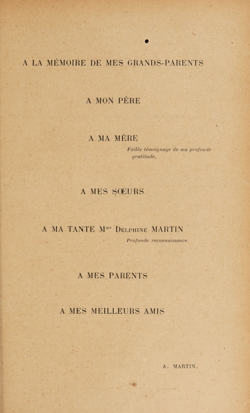 A LA MÉMOIRE DE GRANDS-PARENTS A MON PÈRE A MA MÈRE Faible témoirjnaçje de ma profonde qratilude, A MES S(EURS A MA TANTE M”' Delphine MARTIN ' Profonde reconnaissance. A MES PARENTS A MES MEILLEURS AMIS 4