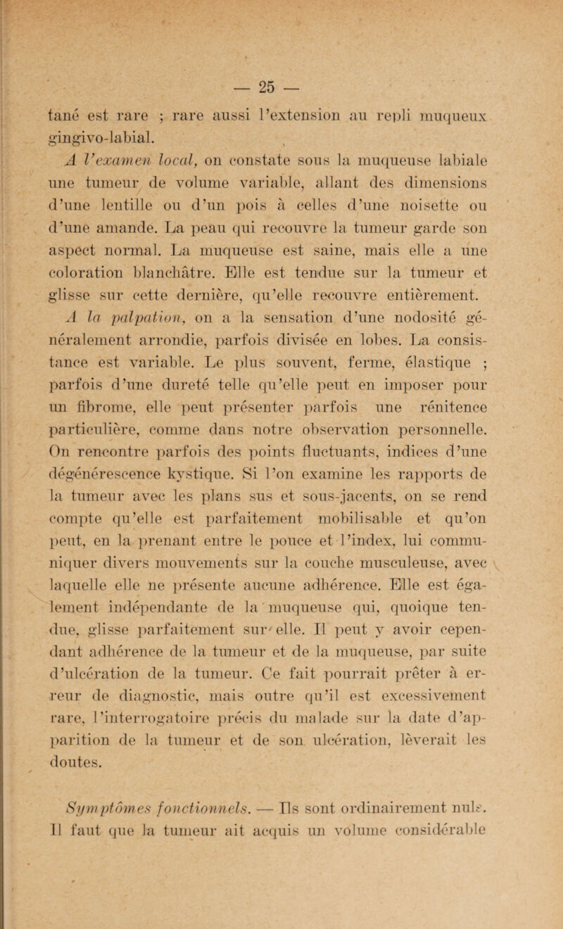 tano est rare ; rare aussi l’extension au repli muqueux gingivo-Jabial. A Vexamen local, on constate sous la muqueuse labiale une tumeur de volume variable, allant des dimensions d’une lentille ou d’un pois à celles d’une noisette ou d’une amande. La peau qui recouvre la tumeur garde son aspect normal. La muqueuse est saine, mais elle a. une coloration blanchâtre. Elle est tendue sur la tumeur et glisse sur cette dernière, qu’elle recouvre entièrement. la palpation, on a la sensation d’une nodosité gé¬ néralement arrondie, parfois divisée en lobes. La consis¬ tance est variable. Le plus souvent, ferme, élastique ; parfois d’une dureté telle qu’elle peut en imposer pour un fibrome, elle peut présenter parfois une rénitence particulière, comme dans notre observation personnelle. On rencontre parfois des points fluctuants, indices d’une dégénérescence kystique. Si l’on examine les rapports de la tumeur avec les plans sus et sous-jacents, on se rend compte qu’elle est parfaitement mobilisal)le et qu’on peut, en la ])renant entre le pouce et l’index, lui commu¬ niquer divers mouvements sur la couche musculeuse, avec laquelle elle ne présente aucune adhérence. Elle est éga¬ lement indépendante de la'muqueuse qui, quoique ten¬ due, glisse ]>arfaitement sur - elle. Il peut y avoir cepen¬ dant adhérence de la tumeur et de la muqueuse, par suite d’ulcération de la tumeur. Ce fait pourrait prêter à er¬ reur de diagnostic, mais outre qu’il est excessivement i*are, l’interrogatoire précis du malade sur la date d’ap- |)arition de la tumeur et de son ulcération, lèverait les doutes. Sympfômes fonctionnels. — Ils sont ordinairement nuis. 11 faut (pie la tumeur ait acquis un volume considérable