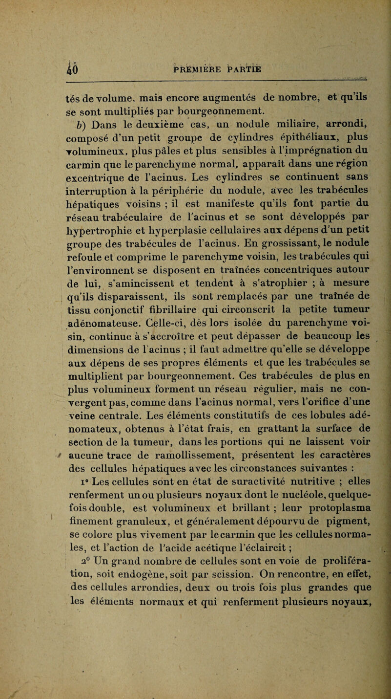 tés de volume, mais encore augmentés de nombre, et quïls se sont multipliés par bourgeonnement. b) Dans le deuxième cas, un nodule miliaire, arrondi, composé d’un petit groupe de cylindres épithéliaux, plus volumineux, plus pâles et plus sensibles à l’imprégnation du carmin que le parenchyme normal, apparaît dans une région excentrique de l’acinus. Les cylindres se continuent sans interruption à la périphérie du nodule, avec les trabécules hépatiques voisins ; il est manifeste qu’ils font partie du réseau trabéculaire de l’acinus et se sont développés par hypertrophie et hyperplasie cellulaires aux dépens d’un petit groupe des trabécules de l’acinus. En grossissant, le nodule refoule et comprime le parenchyme voisin, les trabécules qui l’environnent se disposent en traînées concentriques autour de lui, s’amincissent et tendent à s’atrophier ; à mesure qu’ils disparaissent, ils sont remplacés par une traînée de tissu conjonctif fibrillaire qui circonscrit la petite tumeur adénomateuse. Celle-ci, dès lors isolée du parenchyme voi¬ sin, continue à s’accroître et peut dépasser de beaucoup les dimensions de 1 acinus ; il faut admettre qu’elle se développe aux dépens de ses propres éléments et que les trabécules se multiplient par bourgeonnement. Ces trabécules de plus en plus volumineux forment un réseau régulier, mais ne con¬ vergent pas, comme dans l’acinus normal, vers l’orifice d’une veine centrale. Les éléments constitutifs de ces lobules adé¬ nomateux, obtenus à l’état frais, en grattant la surface de section de la tumeur, dans les portions qui ne laissent voir aucune trace de ramollissement, présentent les caractères des cellules hépatiques avec les circonstances suivantes : i° Les cellules sont en état de suractivité nutritive ; elles renferment un ou plusieurs noyaux dont le nucléole, quelque¬ fois double, est volumineux et brillant ; leur protoplasma finement granuleux, et généralement dépourvu de pigment, se colore plus vivement par le carmin que les cellules norma¬ les, et l’action de l'acide acétique l éclaircit ; 2° Un grand nombre de cellules sont en voie de proliféra¬ tion, soit endogène, soit par scission. On rencontre, en effet, des cellules arrondies, deux ou trois fois plus grandes que les éléments normaux et qui renferment plusieurs noyaux,