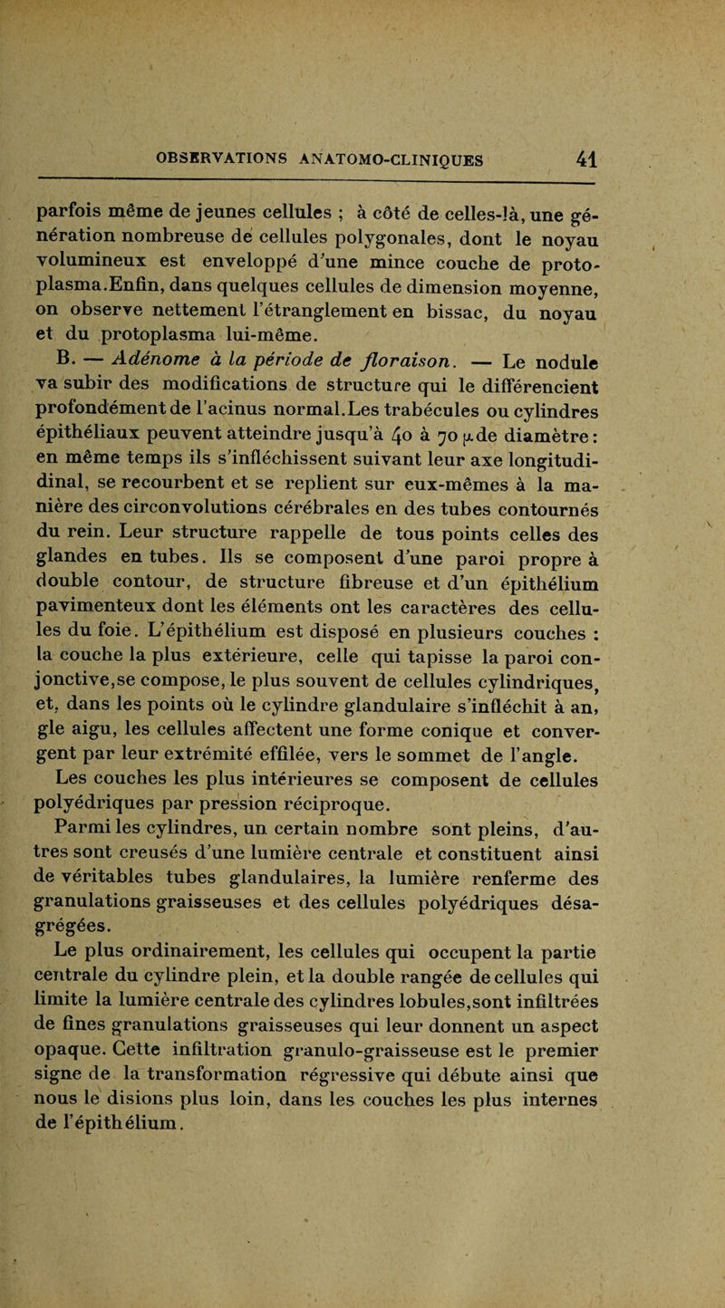 parfois même de jeunes cellules ; à côté de celles-îà, une gé¬ nération nombreuse dé cellules polygonales, dont le noyau volumineux est enveloppé d'une mince couche de proto¬ plasma.Enfin, dans quelques cellules de dimension moyenne, on observe nettement l’étranglement en bissac, du noyau et du protoplasma lui-même. B. — Adénome à la période de floraison. — Le nodule va subir des modifications de structure qui le différencient profondément de l’acinus normal. Les trabécules ou cylindres épithéliaux peuvent atteindre jusqu a 40 à 70fi.de diamètre: en même temps ils s’infléchissent suivant leur axe longitudi- dinal , se recourbent et se replient sur eux-mêmes à la ma¬ nière des circonvolutions cérébrales en des tubes contournés du rein. Leur structure rappelle de tous points celles des glandes en tubes. Ils se composent d’une paroi propre à double contour, de structure fibreuse et d’un épithélium pavimenteux dont les éléments ont les caractères des cellu¬ les du foie. L’épithélium est disposé en plusieurs couches : la couche la plus extérieure, celle qui tapisse la paroi con¬ jonctive,se compose, le plus souvent de cellules cylindriques, et, dans les points où le cylindre glandulaire s’infléchit à an, gle aigu, les cellules affectent une forme conique et conver¬ gent par leur extrémité effilée, vers le sommet de l’angle. Les couches les plus intérieures se composent de cellules polyédriques par pression réciproque. Parmi les cylindres, un certain nombre sont pleins, d’au¬ tres sont creusés d’une lumière centrale et constituent ainsi de véritables tubes glandulaires, la lumière renferme des granulations graisseuses et des cellules polyédriques désa¬ grégées. Le plus ordinairement, les cellules qui occupent la partie centrale du cylindre plein, et la double rangée de cellules qui limite la lumière centrale des cylindres lobules,sont infiltrées de fines granulations graisseuses qui leur donnent un aspect opaque. Cette infiltration granulo-graisseuse est le premier signe de la transformation régressive qui débute ainsi que nous le disions plus loin, dans les couches les plus internes de l’épithélium.