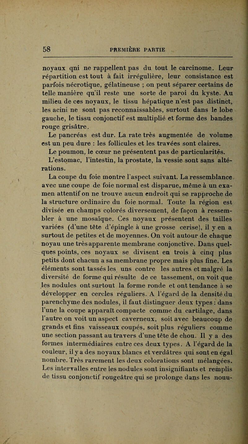 noyaux qni ne rappellent pas du tout le carcinome. Leur répartition est tout à fait irrégulière, leur consistance est parfois nécrotique, gélatineuse ; on peut séparer certains de telle manière quïl reste une sorte de paroi du kyste. Au milieu de ces noyaux, le tissu hépatique n’est pas distinct, les acini ne sont pas reconnaissables, surtout dans le lobe gauche, le tissu conjonctif est multiplié et forme des bandes rouge grisâtre. Le pancréas est dur. La rate très augmentée de volume est un peu dure : les follicules et les travées sont claires. Le poumon, le cœur ne présentent pas de particularités. L’estomac, l’intestin, la prostate, la vessie sont sans alté¬ rations. La coupe du foie montre l’aspect suivant. La ressemblance avec une coupe de foie normal est disparue, même à un exa¬ men attentif on ne trouve aucun endroit qui se rapproche de la structure ordinaire du foie normal. Toute la région est divisée en champs colorés diversement, de façon à ressem¬ bler à une mosaïque. Ces noyaux présentent des tailles variées (d’une tête d’épingle à une grosse cerise), il y en a surtout de petites et de moyennes. On voit autour de chaque noyau une très apparente membrane conjonctive. Dans quel¬ ques points, ces noyaux se divisent en trois à cinq plus petits dont chacun a sa membrane propre mais plus fine. Les éléments sont tassés les uns contre les autres et malgré la diversité de forme qui résulte de ce tassement, on voit que les nodules ont surtout la forme ronde et ont tendance à se développer en cercles réguliers. A l’égard de la densité du parenchyme des nodules, il faut distinguer deux types : dans l’une la coupe apparaît compacte comme du cartilage, dans l’autre on voit un aspect caverneux, soit avec beaucoup de grands et fins vaisseaux coupés, soit plus réguliers comme une section passant au travers d’une tête de chou. Il y a des formes intermédiaires entre ces deux types. A l’égard de la couleur, il y a des noyaux blancs et verdâtres qui sont en égal nombre. Très rarement les deux colorations sont mélangées. Les intervalles entre les nodules sont insignifiants et remplis de tissu conjonctif rougeâtre qui se prolonge dans les nouu-