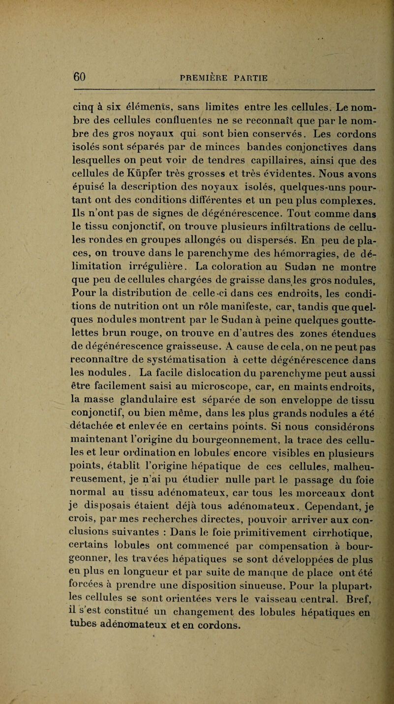 cinq à six éléments, sans limités entre les cellules. Le nom¬ bre des cellules confluentes ne se reconnaît que par le nom¬ bre des gros noyaux qui sont bien conservés. Les cordons isolés sont séparés par de minces bandes conjonctives dans lesquelles on peut voir de tendres capillaires, ainsi que des cellules de Küpfer très grosses et très évidentes. Nous avons épuisé la description des noyaux isolés, quelques-uns pour¬ tant ont des conditions différentes et un peu plus complexes. Ils n’ont pas de signes de dégénérescence. Tout comme dans le tissu conjonctif, on trouve plusieurs infiltrations de cellu¬ les rondes en groupes allongés ou dispersés. En peu de pla¬ ces, on trouve dans le parenchyme des hémorragies, de dé¬ limitation irrégulière. La coloration au Sudan ne montre que peu de cellules chargées de graisse dans les gros nodules, Pour la distribution de celle-ci dans ces endroits, les condi¬ tions de nutrition ont un rôle manifeste, car, tandis que quel¬ ques nodules montrent par le Sudan à peine quelques goutte¬ lettes brun rouge, on trouve en d’autres des zones étendues de dégénérescence graisseuse. A cause de cela, on ne peut pas reconnaître de systématisation à cette dégénérescence dans les nodules. La facile dislocation du parenchyme peut aussi être facilement saisi au microscope, car, en maints endroits, la masse glandulaire est séparée de son enveloppe de tissu conjonctif, ou bien même, dans les plus grands nodules a été détachée et enlevée en certains points. Si nous considérons maintenant l’origine du bourgeonnement, la trace des cellu¬ les et leur ordination en lobules encore visibles en plusieurs points, établit l’origine hépatique de ces cellules, malheu¬ reusement, je n’ai pu étudier nulle part le passage du foie normal au tissu adénomateux, car tous les morceaux dont je disposais étaient déjà tous adénomateux. Cependant, je crois, par mes recherches directes, pouvoir arriver aux con¬ clusions suivantes : Dans le foie primitivement cirrhotique, certains lobules ont commencé par compensation à bour¬ geonner, les travées hépatiques se sont développées de plus en plus en longueur et par suite de manque de place ont été forcées à prendre une disposition sinueuse. Pour la plupart» les cellules se sont orientées vers le vaisseau central. Bref, il s est constitué un changement des lobules hépatiques en tubes adénomateux et en cordons.