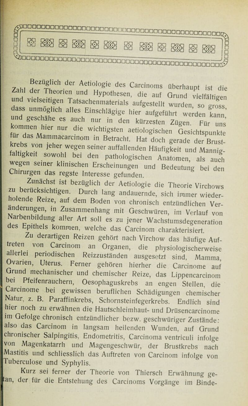 ^pgggggggggEgEgggEgggpaaciaaaooaDaaanannnnnn^ □ aDaDDDD°5™555°°555°°DDa5555555555555H5555E^ Bezüglich der Aetiologie des Carcinoms überhaupt ist die und vielseitigen Tatsachenmaterials aufgestellt wurden so gross dass unmöglich alles Einschlägige hier aufgeführt werten kann und geschähe es auch nur in den kürzesten Zügen Für uns’ fü0rTaesnMam  ?'* WiChtigSte aetiol°g-hen Gesichtspunkte für das Mammacarc.nom ,n Betracht. Hat doch gerade der Brust- falhieitn 7T 7™ aUffallenden Häufigkeit und Mannig- tigkeit sowohl bei den pathologischen Anatomen, als auch wegen seiner klinischen Erscheinungen und Bedeutung bei den Chirurgen das regste Interesse gefunden. Zunächst ist bezüglich der Aetiologie die Theorie Virchows zu berücksichtigen. Durch lang andauernde, sich immer wieder¬ holende Reize, auf dem Boden von chronisch entzündlichen Ver¬ änderungen, in Zusammenhang mit Geschwüren, im Verlauf von Narbenbildung aller Art soll es zu jener Wachstumsdegeneration des Epithels kommen, welche das Carcinom charakterisiert. Zu derartigen Reizen gehört nach Virchow das häufige Auf¬ treten von Carcinom an Organen, die physiologischerweise allerlei periodischen Reizzuständen ausgesetzt sind. Mamma, Ovarien, Uterus. Ferner gehören hierher die Carcinome auf Grund mechanischer und chemischer Reize, das Lippencarcinom bei Pfeifenrauchern, Oesophaguskrebs an engen Stellen, die Carcinome bei gewissen beruflichen Schädigungen chemischer Natur, z. B. Paraffinkrebs, Schornsteinfegerkrebs. Endlich sind hier noch zu erwähnen die Hautschleimhaut- und Drüsencarcinome im Gefolge chronisch entzündlicher bezw. geschwüriger Zustände: also das Carcinom in langsam heilenden Wunden, auf Grund chronischer Salpingitis, Endometritis, Carcinoma ventriculi infolge von Magenkatarrh und Magengeschwür, der Brustkrebs nach Mastitis und schliesslich das Auftreten von Carcinom infolge von T uberculose und Syphylis. Kurz sei ferner der Theorie von Thiersch Erwähnung ge¬ tan, der für die Entstehung des Carcinoms Vorgänge im Binde- □□□n