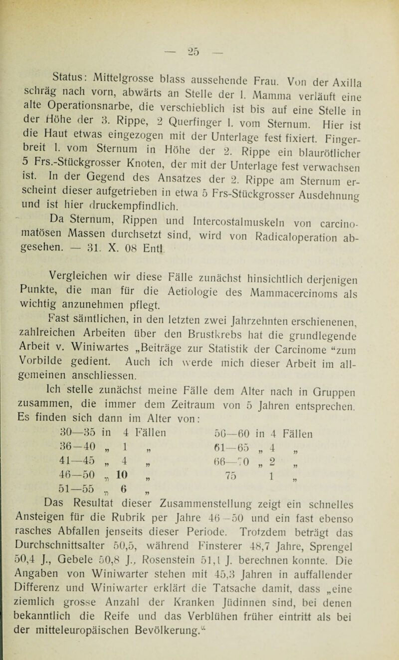 Status: Mittelgrosse blass aussehende Frau. Von der Axilla schräg nach vorn, abwärts an Stelle der 1. Mamma verläuft eine alte Operationsnarbe, die verschieblich ist bis auf eine Stelle in der Höhe der 3. Rippe, 2 Querfinger 1. vom Sternum. Hier ist die Haut etwas eingezogen mit der Unterlage fest fixiert. Finger¬ breit 1. vom Sternum in Höhe der 2. Rippe ein blaurötlicher 5 Frs.-Stückgrosser Knoten, der mit der Unterlage fest verwachsen ist. In der Gegend des Ansatzes der 2. Rippe am Sternum er¬ scheint dieser aufgetrieben in etwa 5 Frs-Stückgrosser Ausdehnung- und ist hier druckempfindlich. Da Sternum, Rippen und Intercostalmuskeln von carcino- matösen Massen durchsetzt sind, wird von Radicaloperation ab¬ gesehen. — 31. X. 08 Entl Vergleichen wir diese Fälle zunächst hinsichtlich derjenigen Punkte, die man für die Aetiologie des Mammacercinoms als wichtig anzunehmen pflegt. Fast sämtlichen, in den letzten zwei Jahrzehnten erschienenen, zahlreichen Arbeiten über den Brustkrebs hat die grundlegende Arbeit v. Winiwartes „Beiträge zur Statistik der Carcinome “zum Vorbilde gedient. Auch ich werde mich dieser Arbeit im all¬ gemeinen anschliessen. Ich stelle zunächst meine Fälle dem Alter nach in Gruppen zusammen, die immer dem Zeitraum von 5 Jahren entsprechen. Es finden sich dann im Alter von: 30—35 in 4 Fällen 50—60 in 4 Fällen 36—40 „ 1 „ 61-65 „ 4 „ 41—45 „ 4 „ 66—70 „ 2 „ 46—50 „ 10 „ 75 1 „ 51—55 6 V) Das Resultat dieser Zusammenstellung zeigt ein schnelles Ansteigen für die Rubrik per Jahre 46 -50 und ein fast ebenso rasches Abfallen jenseits dieser Periode. Trotzdem beträgt das Durchschnittsalter 50,5, während Finsterer 48,7 Jahre, Sprengel 50,4 J., Gebele 50,8 ]., Rosenstein 51,1 J. berechnen konnte. Die Angaben von Winiwarter stehen mit 45,3 Jahren in auffallender Differenz und Winiwarter erklärt die Tatsache damit, dass „eine ziemlich grosse Anzahl der Kranken Jüdinnen sind, bei denen bekanntlich die Reife und das Verblühen früher eintritt als bei der mitteleuropäischen Bevölkerung.“