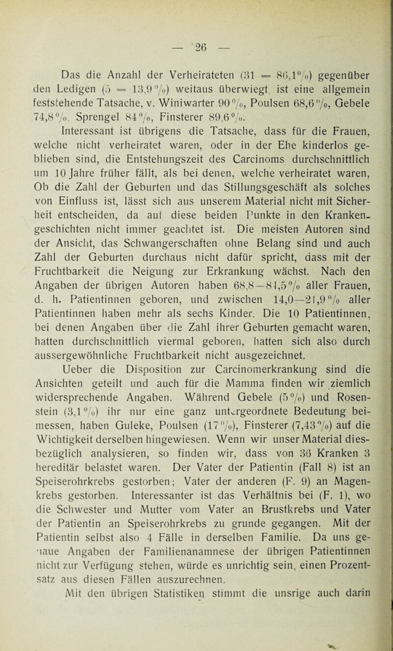 Das die Anzahl der Verheirateten (31 = 86,1%) gegenüber den Ledigen (5 = 13,9%) weitaus überwiegt, ist eine allgemein feststehende Tatsache, v. Winiwarter 90%, Poulsen 68,6%, Gebele 74,8%, Sprengel 84%, Finsterer 89,6%. Interessant ist übrigens die Tatsache, dass für die Frauen, welche nicht verheiratet waren, oder in der Ehe kinderlos ge¬ blieben sind, die Entstehungszeit des Carcinoms durchschnittlich um 10 Jahre früher fällt, als bei denen, welche verheiratet waren, Ob die Zahl der Geburten und das Stillungsgeschäft als solches von Einfluss ist, lässt sich aus unserem Material nicht mit Sicher¬ heit entscheiden, da aut diese beiden Punkte in den Kranken¬ geschichten nicht immer geachtet ist. Die meisten Autoren sind der Ansicht, das Schwangerschaften ohne Belang sind und auch Zahl der Geburten durchaus nicht dafür spricht, dass mit der Fruchtbarkeit die Neigung zur Erkrankung wächst. Nach den Angaben der übrigen Autoren haben 68,8—81,5% aller Frauen, d. h. Patientinnen geboren, und zwischen 14,0—21,9 % aller Patientinnen haben mehr als sechs Kinder. Die 10 Patientinnen, bei denen Angaben über die Zahl ihrer Geburten gemacht waren, hatten durchschnittlich viermal geboren, hatten sich also durch aussergewöhnliche Fruchtbarkeit nicht ausgezeichnet. Ueber die Disposition zur Carcinomerkrankung sind die Ansichten geteilt und auch für die Mamma finden wir ziemlich widersprechende Angaben. Während Gebele (5%) und Rosen¬ stein (3,1%) ihr nur eine ganz untergeordnete Bedeutung bei¬ messen, haben Guleke, Poulsen (17%), Finsterer (7,43%) auf die Wichtigkeit derselben hingewiesen. Wenn wir unser Material dies¬ bezüglich analysieren, so finden wir, dass von 36 Kranken 3 hereditär belastet waren. Der Vater der Patientin (Fall 8) ist an Speiserohrkrebs gestorben; Vater der anderen (F. 9) an Magen¬ krebs gestorben. Interessanter ist das Verhältnis bei (F. 1), wo die Schwester und Mutter vom Vater an Brustkrebs und Vater der Patientin an Speiserohrkrebs zu gründe gegangen. Mit der Patientin selbst also 4 Fälle in derselben Familie. Da uns ge¬ naue Angaben der Familienanamnese der übrigen Patientinnen nicht zur Verfügung stehen, würde es unrichtig sein, einen Prozent¬ satz aus diesen Fällen auszurechnen. Mit den übrigen Statistiken stimmt die unsrige auch darin