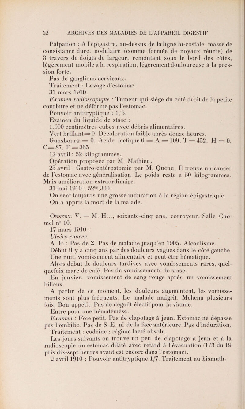 Palpation : A l’épigastre, au-dessus de la ligne bi-costale, masse de consistance dure, nodulaire (comme formée de noyaux réunis) de 3 travers de doigts de largeur, remontant sous le bord des côtes, légèrement mobile à la respiration, légèrement douloureuse à la pres¬ sion forte. Pas de ganglions cervicaux. Traitement : Lavage d’estomac. 31 mars 1910. Examen radioscopique : Tumeur qui siège du côté droit de la petite courbure et ne déforme pas l'estomac. Pouvoir antitryptique : 1/5. Examen du liquide de stase : 1.000 centimètres cubes avec débris alimentaires. Vert brillant—0. Décoloration faible après douze heures. Gunsbourg = 0. Acide lactique 0 = A = 109, T = 452, H = 0, C=87, F = 365. 12 avril : 52 kilogrammes. Opération proposée par M. Mathieu. 25 avril : Castro entérostomie par M. Quénu. Il trouve un cancer de l’estomac avec généralisation. Le poids reste à 50 kilogrammes. Mais amélioration extraordinaire. 31 mai 1910 : 52ke,300. On sent toujours une grosse induration à la région épigastrique. On a appris la mort de la malade. Observ. V. — M. H..., soixante-cinq ans, corroyeur. Salle Cho mel n° 10. 17 mars 1910 : Ulcéro-cancer. A. P. : Pas de 2. Pas de maladie jusqu’en 1905. Alcoolisme. Début il y a cinq ans par des douleurs vagues dans le côté gauche. Une nuit, vomissement alimentaire et peut-être hématique. Alors début de douleurs tardives avec vomissements rares, quel¬ quefois marc de café. Pas de vomissements de stase. En janvier, vomissement de sang rouge après un vomissement bilieux. A partir de ce moment, les douleurs augmentent, les vomisse¬ ments sont plus fréquents. Le malade maigrit. Melæna plusieurs fois. Bon appétit. Pas de dégoût électif pour la viande. Entre pour une hématémèse. Examen : Foie petit. Pas de clapotage à jeun. Estomac ne dépasse pas l’ombilic. Pas de S. E. ni de la face antérieure. Pas d'induration. Traitement : codéine ; régime lacté absolu. Les jours suivants on trouve un peu de clapotage à jeun et à la radioscopie un estomac dilaté avec retard à l'évacuation (1/3 du Bi pris dix-sept heures avant est encore dans l’estomac). 2 avril 1910 : Pouvoir antitryptique 1/7. Traitement au bismuth.