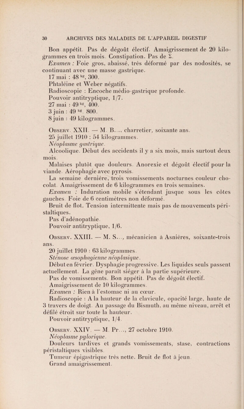 Bon appétit. Pas de dégoût électif. Amaigrissement de 20 kilo¬ grammes en trois mois. Constipation. Pas de I. Examen : Foie gros, abaissé, très déformé par des nodosités, se continuant avec une masse gastrique. 17 mai : 48 k*, 300. Phtaléine et Weber négatifs. Radioscopie : Encoche médio-gastrique profonde. Pouvoir antitryptique, 1/7. 27 mai : 49 k*, 400. 3 juin : 49 k<L 800. 8 juin : 49 kilogrammes. Observ. XXII. — M. B..., charretier, soixante ans. 25 juillet 1910 : 54 kilogrammes. Néoplasme gastrique. Alcoolique. Début des accidents il y a six mois, mais surtout deux mois. Malaises plutôt que douleurs. Anorexie et dégoût électif pour la viande. Aérophagie avec pyrosis. La semaine dernière, trois vomissements nocturnes couleur cho¬ colat. Amaigrissement de 6 kilogrammes en trois semaines. Examen : Induration mobile s’étendant jusque sous les côtes gauches. Foie de 6 centimètres non déformé. Bruit de flot. Tension intermittente mais pas de mouvements péri¬ staltiques. Pas d’adénopathie. Pouvoir antitryptique, 1/6. Observ. XXIII. — M. S..., mécanicien à Asnières, soixante-trois ans. 20 juillet 1910 : 63 kilogrammes. Sténose œsophagienne néoplasique. Début en février. Dysphagie progressive. Les liquides seuls passent actuellement. La gène paraît siéger à la partie supérieure. Pas de vomissements. Bon appétit. Pas de dégoût électif. Amaigrissement de 10 kilogrammes. Examen : Rien à l’estomac ni au cœur. Radioscopie : A la hauteur de la clavicule, opacité large, haute de 3 travers de doigt. Au passage du Bismuth, au même niveau, arrêt et défilé étroit sur toute la hauteur. Pouvoir antitryptique, 1/4. Observ. XXIV. — M. Pr..., 27 octobre 1910. Néoplasme pylorique. Douleurs tardives et grands vomissements, stase, contractions péristaltiques visibles. Tumeur épigastrique très nette. Bruit de flot à jeun. Grand amaigrissement.