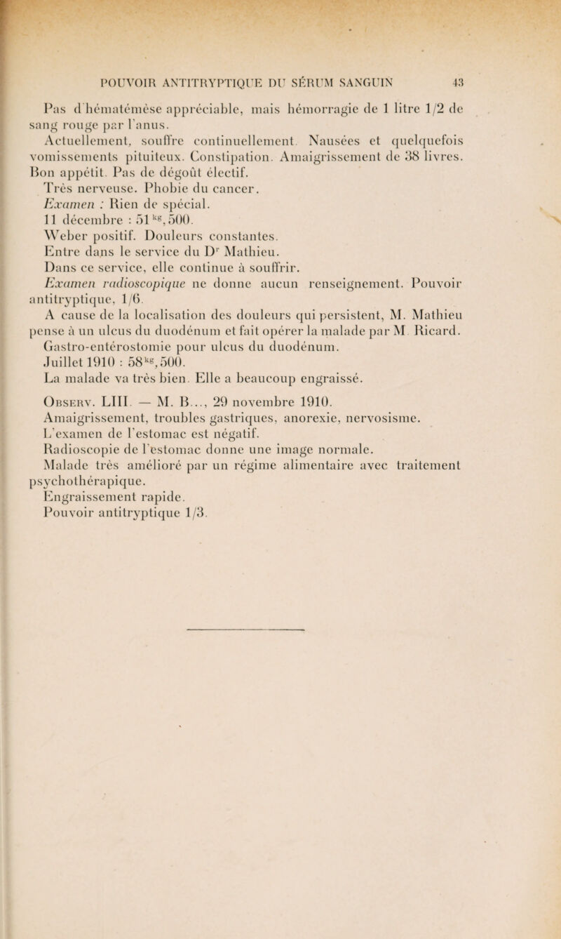 Pas d hématémèse appréciable, mais hémorragie de 1 litre 1/2 de sang rouge par l'anus. Actuellement, souffre continuellement. Nausées et quelquefois vomissements pituiteux. Constipation. Amaigrissement de 38 livres. Bon appétit. Pas de dégoût électif. Très nerveuse. Phobie du cancer. Examen : Bien de spécial. 11 décembre : 51kg, 500. Weber positif. Douleurs constantes. Entre dans le service du Dr Mathieu. Dans ce service, elle continue à souffrir. Examen radioscopique ne donne aucun renseignement. Pouvoir antitryptique, 1/0. A cause de la localisation des douleurs qui persistent, M. Mathieu pense à un ulcus du duodénum et fait opérer la malade par M Ricard. Gastro-entérostomie pour ulcus du duodénum. Juillet 1910 : 58kg,500. La malade va très bien. Elle a beaucoup engraissé. Observ. LUI — M. B..., 29 novembre 1910. Amaigrissement, troubles gastriques, anorexie, nervosisme. L’examen de l'estomac est négatif. Radioscopie de l'estomac donne une image normale. Malade très amélioré par un régime alimentaire avec traitement p sy cho t h é ra pique. Engraissement rapide. Pouvoir antitryptique 1/3.