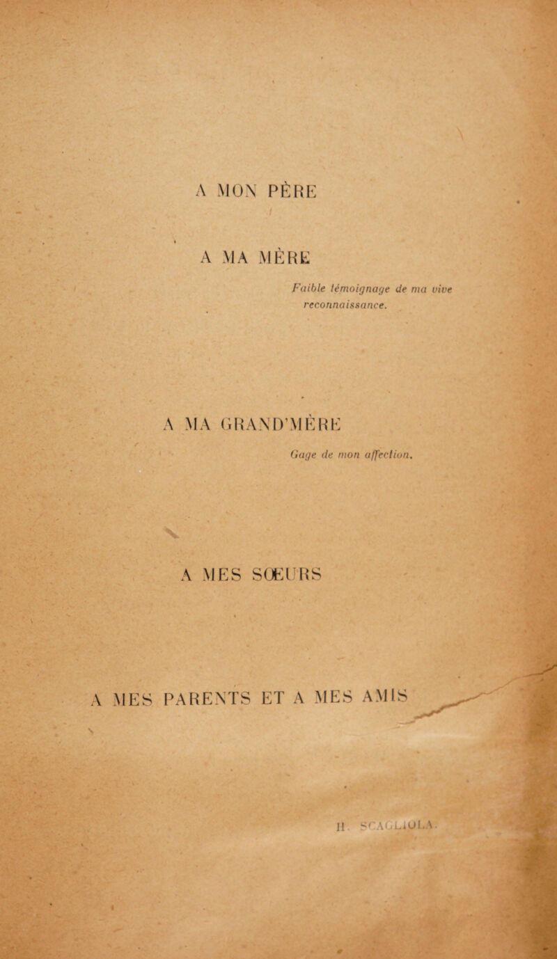 A MON PÈRE » A MA MÈRE Faible témoignage de ma vive reconnaissance. A MA GRAND’MERE Gage de mon affection. A MES SŒURS A MES PARENTS ET A MES AMIS Il SrACUULA.