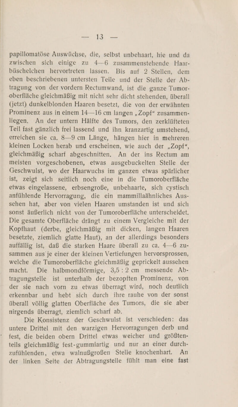 papillomatüse Auswüchse, die, selbst unbehaart, hie und da zwischen sich einige zu 4—6 zusammenstehende Haar¬ büschelchen hervortreten lassen. Bis auf 2 Stellen, dem eben beschriebenen untersten Teile und der Stelle der Ab¬ tragung von der vordem Rectumwand, ist die ganze Tumor¬ oberfläche gleichmäßig mit nicht sehr dicht stehenden, überall (jetzt) dunkelblonden Haaren besetzt, die von der erwähnten Prominenz aus in einem 14—16 cm langen „Zopf“ zusammen¬ liegen. An der untern Hälfte des Tumors, den zerklüfteten Teil fast gänzlich frei lassend und ihn kranzartig umstehend, erreichen sie ca. 8—9 cm Länge, hängen hier in mehreren kleinen Locken herab und erscheinen, wie auch der „Zopf“, gleichmäßig scharf abgeschnitten. An der ins Rectum am meisten vorgeschobenen, etwas ausgebuckelten Stelle der Geschwulst, wo der Haarwuchs im ganzen etwas spärlicher ist, zeigt sich seitlich noch eine in die Tumoroberfläche etwas eingelassene, erbsengroße, unbehaarte, sich cystisch anfühlende Hervorragung, die ein mammillaähnliches Aus¬ sehen hat, aber von vielen Haaren umstanden ist und sich sonst äußerlich nicht von der Tumoroberfläche unterscheidet. Die gesamte Oberfläche drängt zu einem Vergleiche mit der Kopfhaut (derbe, gleichmäßig mit dicken, langen Haaren besetzte, ziemlich glatte Haut), an der allerdings besonders auffällig ist, daß die starken Haare überall zu ca. 4—6 zu¬ sammen aus je einer der kleinen Vertiefungen hervorsprossen, welche die Tumoroberfläche gleichmäßig geprickelt aussehen macht. Die halbmondförmige, 3,5 : 2 cm messende Ab¬ tragungstehe ist unterhalb der bezopften Prominenz, von der sie nach vorn zu etwas überragt wird, noch deutlich erkennbar und hebt sich durch ihre rauhe von der sonst überall völlig glatten Oberfläche des Tumors, die sie aber nirgends überragt, ziemlich scharf ab. Die Konsistenz der Geschwulst ist verschieden: das untere Drittel mit den warzigen Hervorragungen derb und fest, die beiden obern Drittel etwas weicher und größten¬ teils gleichmäßig fest-gummiartig und nur an einer durch¬ zufühlenden, etwa walnußgroßen Stelle knochenhart. An der linken Seite der Abtragungstelle fühlt man eine fast