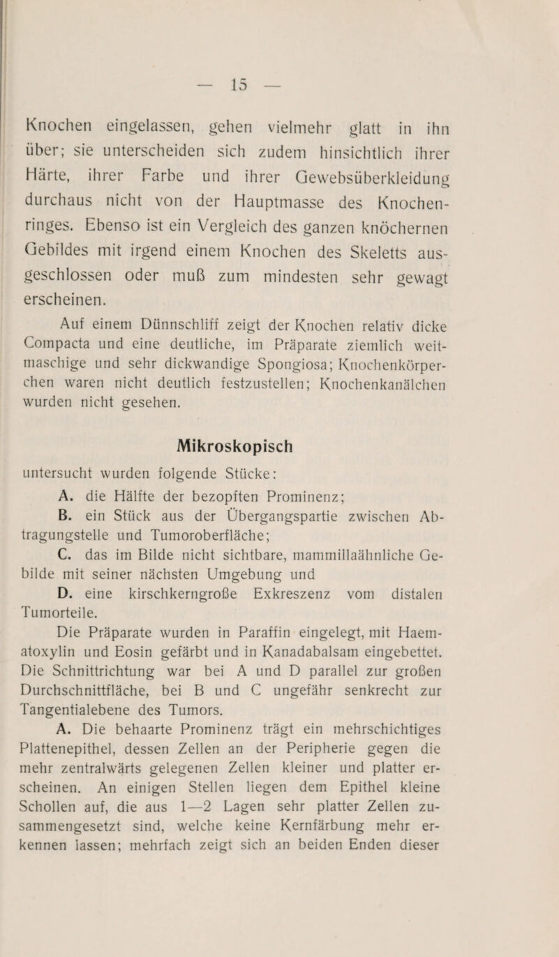 Knochen eingelassen, gehen vielmehr glatt in ihn über; sie unterscheiden sich zudem hinsichtlich ihrer Härte, ihrer Farbe und ihrer Gewebsüberkleidung durchaus nicht von der Hauptmasse des Knochen¬ ringes. Ebenso ist ein Vergleich des ganzen knöchernen Gebildes mit irgend einem Knochen des Skeletts aus¬ geschlossen oder muß zum mindesten sehr gewagt erscheinen. Auf einem Dünnschliff zeigt der Knochen relativ dicke Compacta und eine deutliche, im Präparate ziemlich weit¬ maschige und sehr dickwandige Spongiosa; Knochenkörper¬ chen waren nicht deutlich festzustellen; Knochenkanälchen wurden nicht gesehen. Mikroskopisch untersucht wurden folgende Stücke: A. die Hälfte der bezopften Prominenz; B. ein Stück aus der Übergangspartie zwischen Ab¬ tragungstelle und Tumoroberfläche; C. das im Bilde nicht sichtbare, mammillaähnliche Ge¬ bilde mit seiner nächsten Umgebung und D. eine kirschkerngroße Exkreszenz vom distalen Tumorteile. Die Präparate wurden in Paraffin eingelegt, mit Haem- atoxylin und Eosin gefärbt und in Kanadabalsam eingebettet. Die Schnittrichtung war bei A und D parallel zur großen Durchschnittfläche, bei B und C ungefähr senkrecht zur Tangentialebene des Tumors. A. Die behaarte Prominenz trägt ein mehrschichtiges Plattenepithel, dessen Zellen an der Peripherie gegen die mehr zentralwärts gelegenen Zellen kleiner und platter er¬ scheinen. An einigen Stellen liegen dem Epithel kleine Schollen auf, die aus 1—2 Lagen sehr platter Zellen zu¬ sammengesetzt sind, welche keine Kernfärbung mehr er¬ kennen lassen; mehrfach zeigt sich an beiden Enden dieser