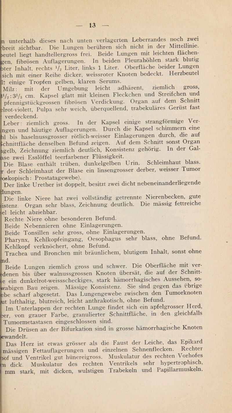 n unterhalb dieses nach unten verlagerten, Leberrandes noch zwei breit sichtbar. Die Lungen berühren sich nicht in der Mittellinie, veutel liegt handtellergross frei. Beide Lungen mit leichten flächen¬ den. fibrösen Auflagerungen. In beiden Pleurahöhlen stark blutig 3ter Inhalt, rechts V2 Liter, links 1 Liter. Oberfläche oeider .uungen sich mit einer Reihe dicker, weissroter Knoten bedeckt. Herzbeutel lt einige Tropfen gelben, klaren Serums. Milz: mit der Umgebung leicht adhärent, ziemlich gross, cm. Kapsel glatt mit kleinen Fleckchen und Streifchen und pfennigstückgrossen fibrösen Verdickung. Organ auf dem Schnitt drot-violett, Pulpa sehr weich, überquellend, trabekuläres Gerüst fast verdeckend. Leber: ziemlich gross. In der Kapsel einige strangförmige Ver- ngen und häutige Auflagerungen. Durch die Kapsel schimmern eine il bis haselnussgrosser rötlich-weisser Einlagerungen durch, die auf ichnittfläche denselben Befund zeigen. Auf dem Schnitt sonst Organ igelb, Zeichnung ziemlich deutlich, Konsistenz gehörig. In der Gal- ase zwei Esslöffel teerfarbener Flüssigkeit. | Die Blase enthält trüben, dunkelgelben Urin. Schleimhaut blass. [der Schleimhaut der Blase ein linsengrosser derber, weisser Tumor xekopisch: Prostatagewebe). Der linke Urether ist doppelt, besitzt zwei dicht nebeneinanderliegende ungen. Die linke Niere hat zwei vollständig getrennte Nierenbecken, gute istenz. Organ sehr blass, Zeichnung deutlich. Die mässig fettreiche el leicht abziehbar. Rechte Niere ohne besonderen Befund. Beide Nebennieren ohne Einlagerungen. I Beide Tonsillen sehr gross, ohne Einlagerungen. Pharynx, Kehlkopfeingang, Oesophagus sehr blass, ohne Befund. Kehlkopf verknöchert, ohne Befund. Trachea und Bronchen mit bräunlichem, blutigem Inhalt, sonst ohne id. Beide Lungen ziemlich gross und schwer. Die Oberfläche mit ver- enen bis über walnussgrossen Knoten übersät, die auf der Schnitt¬ ein dunkelrot-weissscheckiges, stark hämorrhagisches Aussehen, so- abigen Bau zeigen. Mässige Konsistenz. Sie sind gegen das übrige >e scharf abgesetzt. Das Lungengewebe zwischen den rumorknoten t lufthaltig, blutreich, leicht anthrakotisch, ohne Befund. [ Im Unterlappen der rechten Lunge findet sich ein apfelgrosser Heid, ter, von grauer Farbe, granulierter Schnittfläche, in den gleichfalls Tumormetastasen eingeschlossen sind. Die Drüsen an der Bifurkation sind in grosse hämorrhagische Knoten ewandelt. Das Herz ist etwas grösser als die Faust der Leiche, das Epikard mässigen Fettauflagerungen und einzelnen Sehnenflecken. Rechter aof und Ventrikel gut hünereigross. Muskulatur des rechten Vorhofes jn dick. Muskulatur des rechten Ventrikels sehr hypertrophisch, mm stark, mit dicken, wulstigen rrabekeln und Papillarmuskeln.