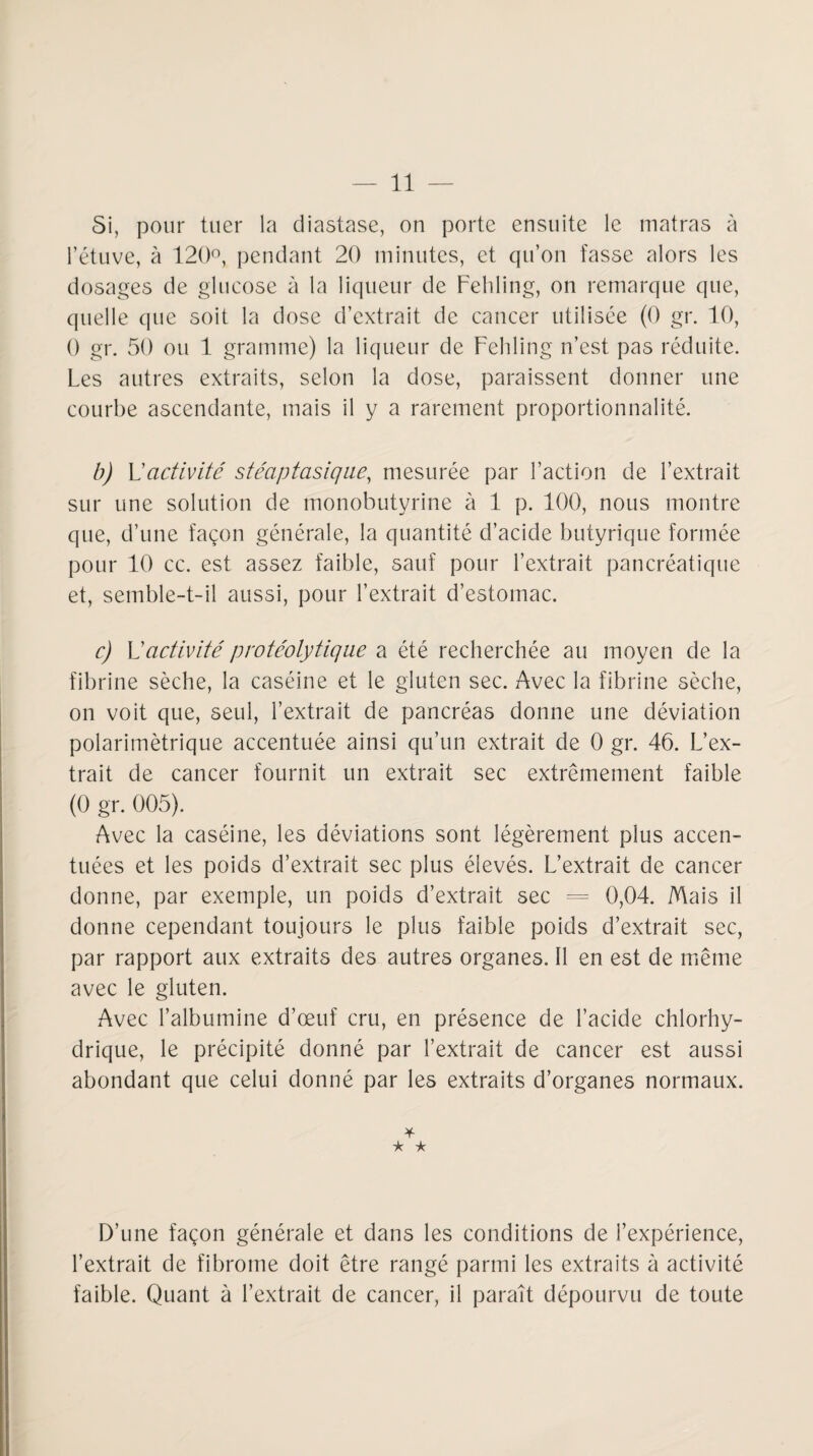 Si, pour tuer la diastase, on porte ensuite le matras à l’étuve, à 120°, pendant 20 minutes, et qu’on fasse alors les dosages de glucose à la liqueur de Fehling, on remarque que, quelle que soit la dose d’extrait de cancer utilisée (0 gr. 10, 0 gr. 50 ou 1 gramme) la liqueur de Fehling n’est pas réduite. Les autres extraits, selon la dose, paraissent donner une courbe ascendante, mais il y a rarement proportionnalité. b) L’activité stéaptasiqne, mesurée par Faction de l’extrait sur une solution de monobutyrine à 1 p. 100, nous montre que, d’une façon générale, la quantité d’acide butyrique formée pour 10 cc. est assez faible, sauf pour l’extrait pancréatique et, semble-t-il aussi, pour l’extrait d’estomac. c) L’activité protéolytique a été recherchée au moyen de la fibrine sèche, la caséine et le gluten sec. Avec la fibrine sèche, on voit que, seul, l’extrait de pancréas donne une déviation polarimètrique accentuée ainsi qu’un extrait de 0 gr. 46. L’ex¬ trait de cancer fournit un extrait sec extrêmement faible (0 gr. 005). Avec la caséine, les déviations sont légèrement plus accen¬ tuées et les poids d’extrait sec plus élevés. L’extrait de cancer donne, par exemple, un poids d’extrait sec = 0,04. Mais il donne cependant toujours le plus faible poids d’extrait sec, par rapport aux extraits des autres organes. Il en est de même avec le gluten. Avec l’albumine d’œuf cru, en présence de l’acide chlorhy¬ drique, le précipité donné par l’extrait de cancer est aussi abondant que celui donné par les extraits d’organes normaux. * * * D’une façon générale et dans les conditions de l’expérience, l’extrait de fibrome doit être rangé parmi les extraits à activité faible. Quant à l’extrait de cancer, il paraît dépourvu de toute