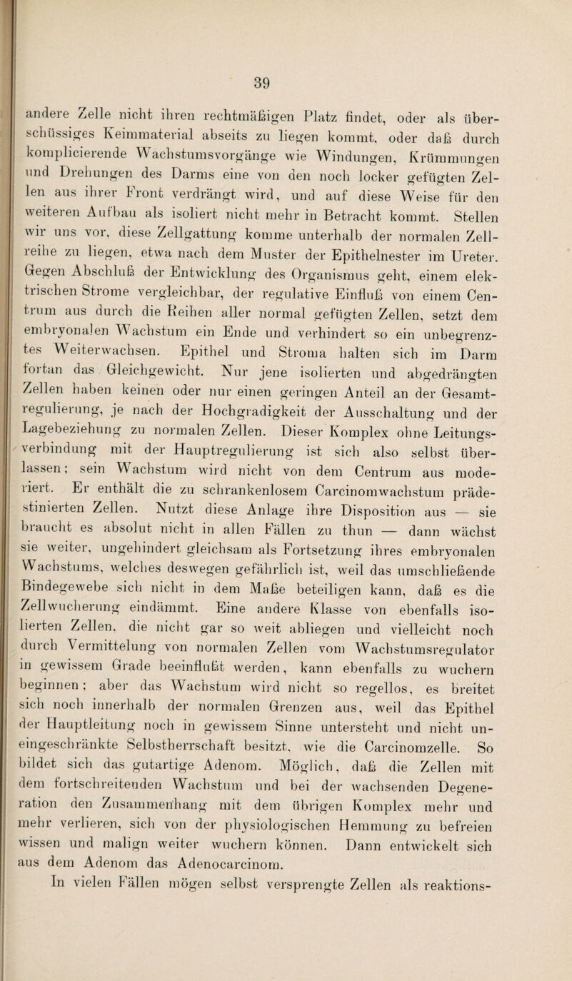 1' 39 : andere Zelle nicht ihren rechtmäßigen Platz findet, oder als über- schlissiges Keiminaterial abseits zu liegen kommt, oder daß durch komplicieiende Wachstumsvorgänge wie Windungen, Ivriimmuno’en und Diehungen des Darms eine von den noch locker gefügten Zel- i len aus ihrer Front verdrängt wird, und auf diese Weise für den jl weiteren Aufbau als isoliert nicht mehr in Betracht kommt. Stellen I wii uns voi, diese Zellgattung komme unterhalb der normalen Zell- I leihe zu liegen, etwa nach dem Muster der Epithelnester im Ureter. ] Gegen Abschluß der Entwicklung des Organismus geht, einem elek- |“i trischen Strome vergleichbar, der regulative Einfluß von einem Cen- I trum aus durch die Reihen aller normal gefügten Zellen, setzt dem : embiyonalen Wachstum ein Ende und verhindert so ein unbegrenz- I tes Weiterwachsen. Epithel und Stroma halten sich im Darm j fortan das Gleichgewicht. Nur jene isolierten und abgedrängten j Zellen haben keinen oder nur einen geringen Anteil an der Gesamt- j regulierung, je nach der Hochgradigkeit der Ausschaltung und der j Laebeziehu g zu normalen Zellen. Dieser Komplex ohne Leitungs- j veibindung mit der Hauptregulierung ist sich also selbst über- j lassen; sein Wachstum wird nicht von dem Centrum aus mode- ; riert. Er enthält die zu schrankenlosem Carcinomwachstum präde- I stinierten Zellen. Nutzt diese Anlage ihre Disposition aus — sie j biaucht es absolut nicht in allen fällen zu thun — dann wächst I sie weiter, ungehindert gleichsaui als Fortsetzung ihres embryonalen j Wachstums, welches deswegen gefährlicli ist, weil das umschließende Bindegewebe sich nicht in dem Maße beteiligen kann, daß es die Zell Wucherung eindämmt. Eine andere Klasse von ebenfalls iso¬ lierten Zellen, die nicht gar so weit abliegen und vielleicht noch duich Vermittelung von normalen Zellen vom Wachstumsregulator in gewissem Grade beeinflußt werden, kann ebenfalls zu wuchern beginnen; aber das Wachstum wird nicht so regellos, es breitet sich noch innerhalb der normalen Grenzen aus, weil das Epithel der Hauptleitung noch in gewissem Sinne untersteht und nicht un¬ eingeschränkte Selbstherrschaft besitzt, wie die Carcinomzelle. So bildet sich das gutartige Adenom. Möglich, daß die Zellen mit dem fortschreitenden Wachstum und bei der wachsenden Degene¬ ration den Zusammenhang mit dem übrigen Komplex mehr und mehr verlieren, sich von der physiologischen Hemmung zu befreien wissen und malign weiter wuchern können. Dann entwickelt sich aus dem Adenom das Adenocarcinom. In vielen Fällen mögen selbst versprengte Zellen als reaktions-
