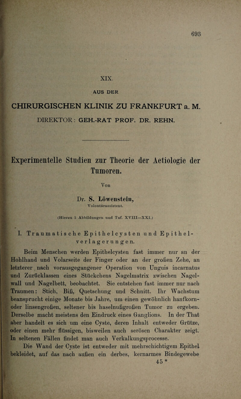 XIX. AUS DER CHIRURGISCHEN KLINIK ZU FRANKFURT a. M. DIREKTOR: GEH.-RAT PROF. DR. REHN. Experimentelle Studien zur Theorie der Aetiologie der Tumoren. Von Dr. S. Löweiistein, Y olontärassistent. (Hierzu 3 Abbildungen und Taf. XVIII—XXI.) I. Traumatische Epithelcysten und Epithel¬ verlagerungen. Beim Menschen werden Epithelcysten fast immer nur an der Hohlhand und Volarseite der Finger oder an der großen Zehe, an letzterer nach vorausgegangener Operation von Unguis incarnatus und Zurücklassen eines Stückchens Nagelmatrix zwischen Nagel¬ wall und Nagelbett, beobachtet. Sie entstehen fast immer nur nach Traumen: Stich, Biß, Quetschung und Schnitt. Ihr Wachstum beansprucht einige Monate bis Jahre, um einen gewöhnlich hanfkorn- oder linsengroßen, seltener bis haselnußgroßen Tumor zu ergeben. Derselbe macht meistens den Eindruck eines Ganglions. In der That aber handelt es sich um eine Cyste, deren Inhalt entweder Grütze, oder einen mehr flüssigen, bisweilen auch serösen Charakter zeigt. In seltenen Fällen findet man auch Verkalkungsprocesse. Die Wand der Cyste ist entweder mit mehrschichtigem Epithel, bekleidet, auf das nach außen ein derbes, kernarmes Bindegewebe 45 *